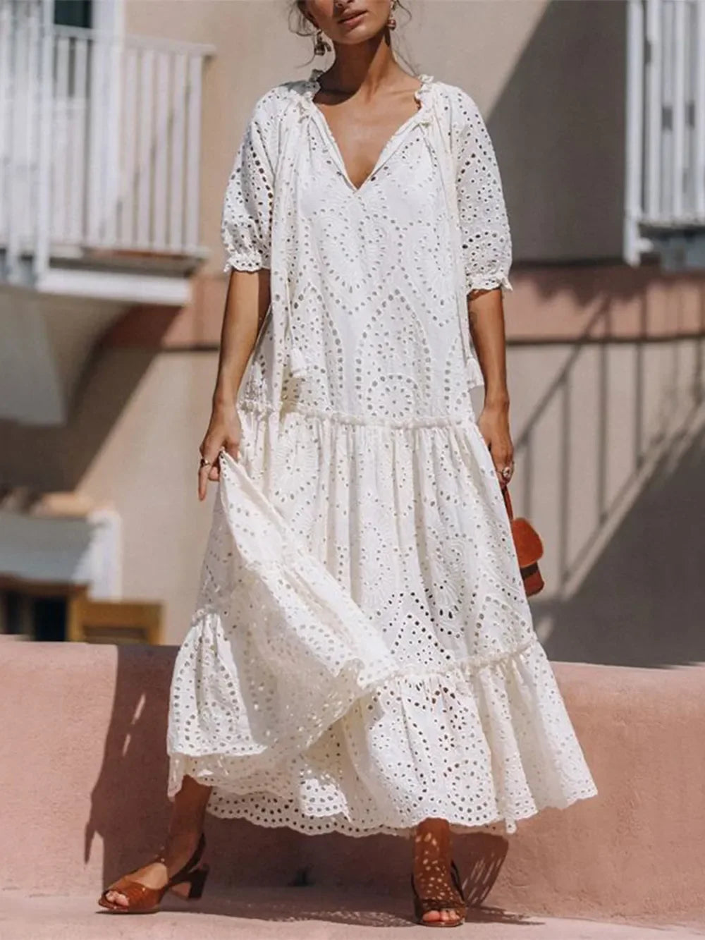 Tie Neck Half Sleeve Tiered Eyelet Dress With Delicate Detailing - Southern Shores Clothing