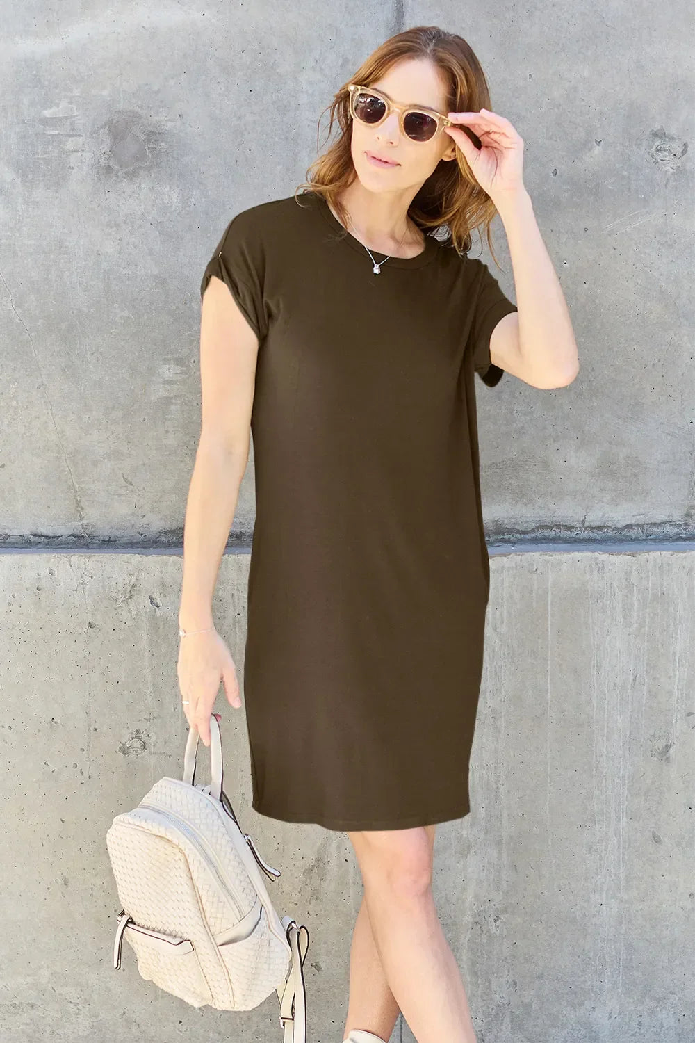 Round Neck Short Sleeve Dress With Pockets - Southern Shores Clothing