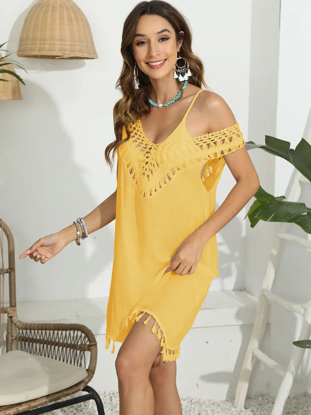 Tassel Cutout Scoop Neck Wide Strap Cover Up One Size - Southern Shores Clothing
