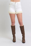 High Waist Shearling Cuff Denim Shorts Plus Size - Southern Shores Clothing
