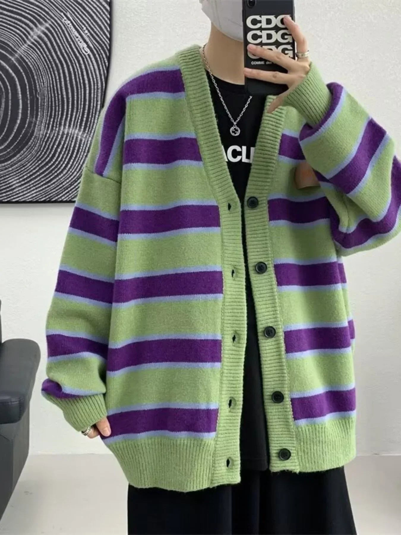 Striped V-Neck Oversized Cardigan Relaxed Fit - Southern Shores Clothing