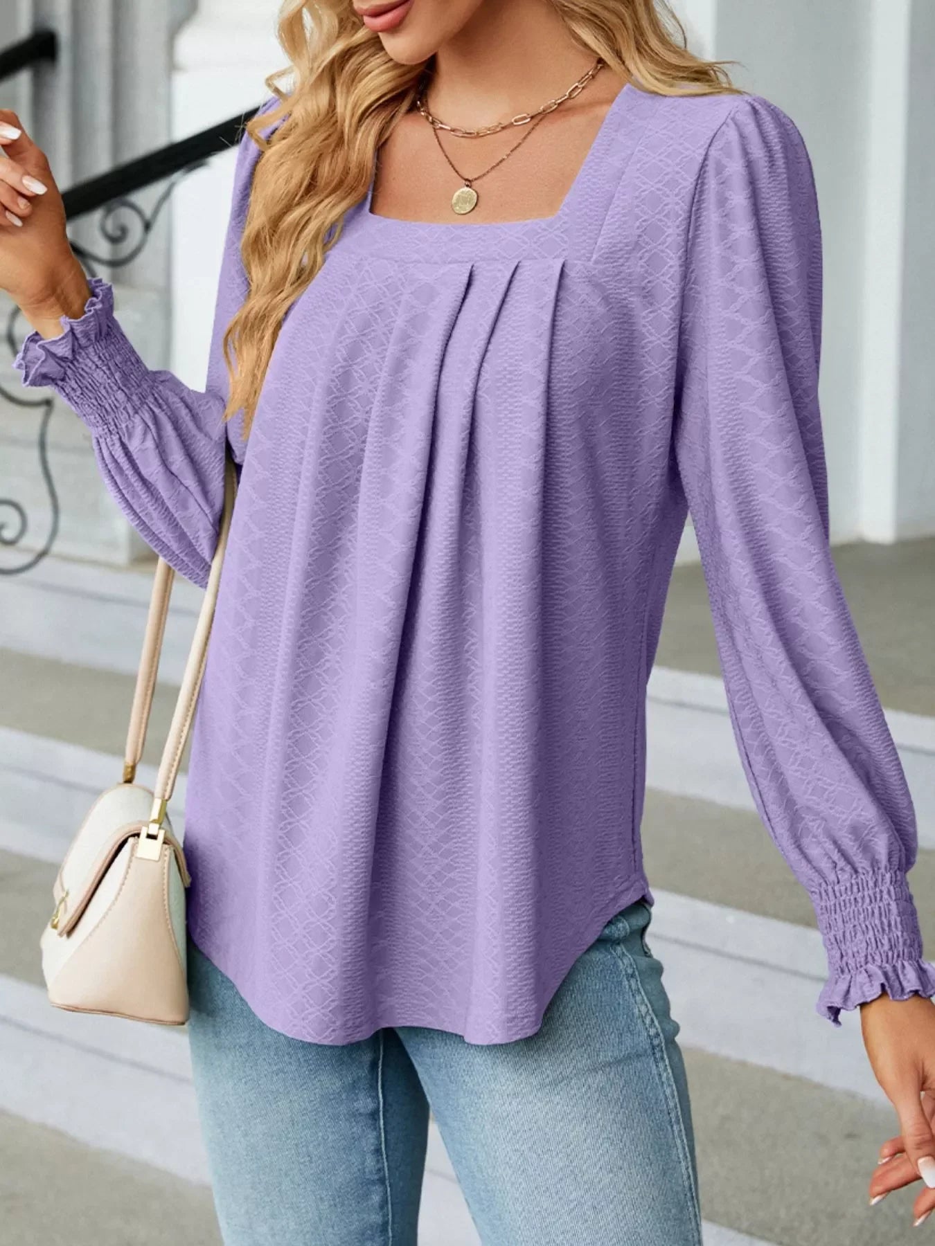 Pleated Square Neck Long Sleeve Top - Southern Shores Clothing