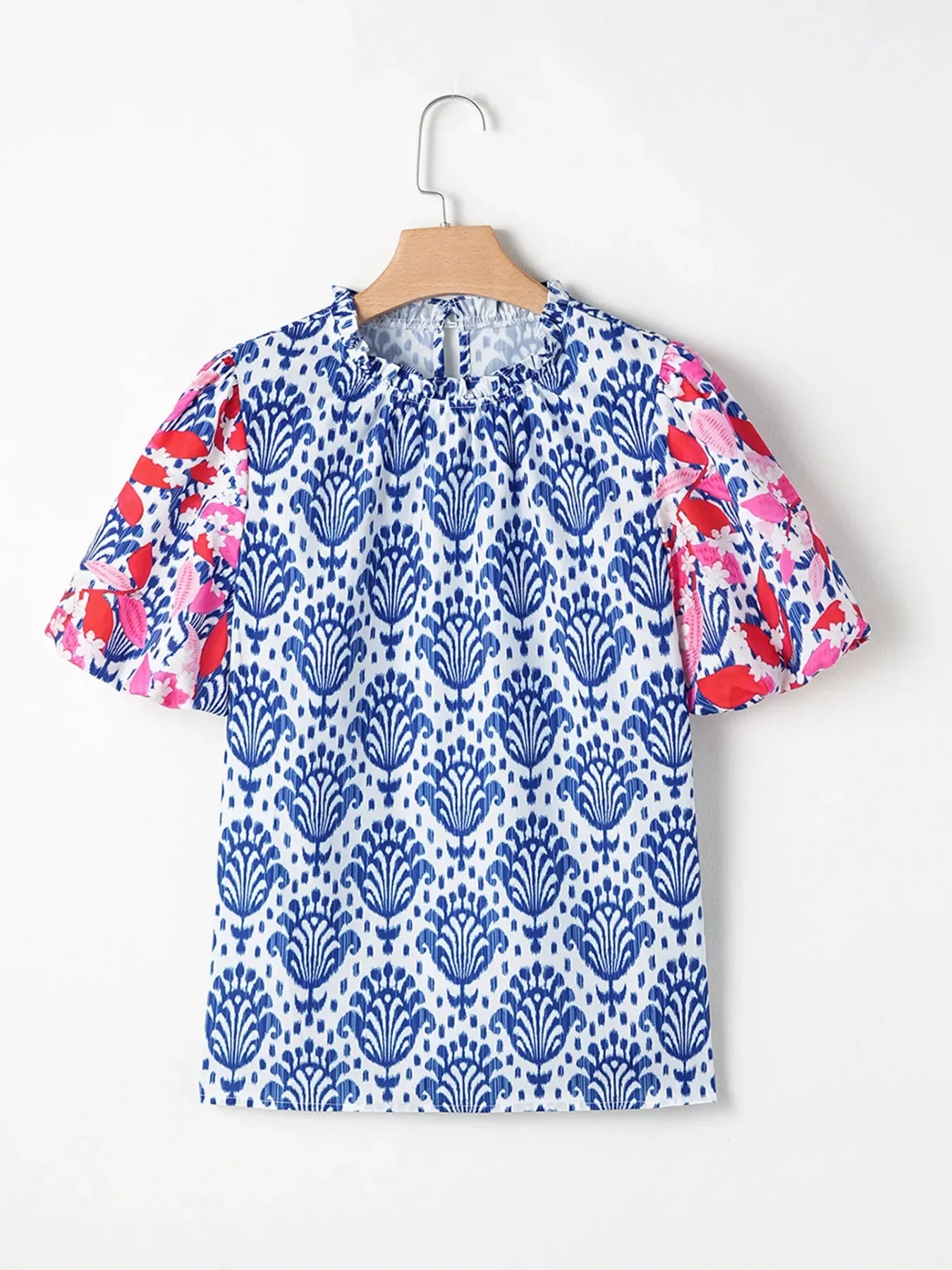 Printed Puff Sleeve Frilled Neck Blouse Top - Southern Shores Clothing
