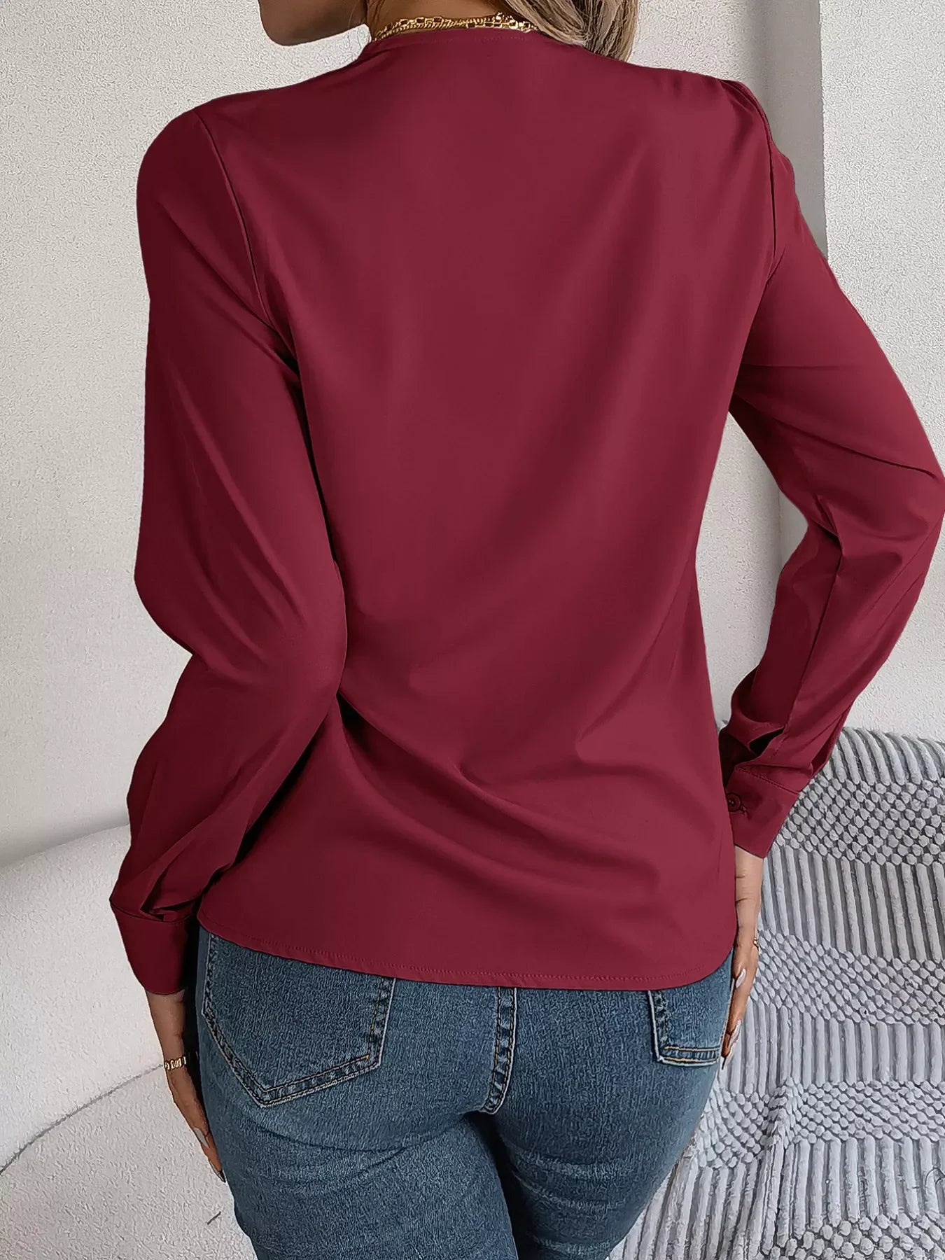 Layered V-Neck Long Sleeve Polyester Blouse - Southern Shores Clothing