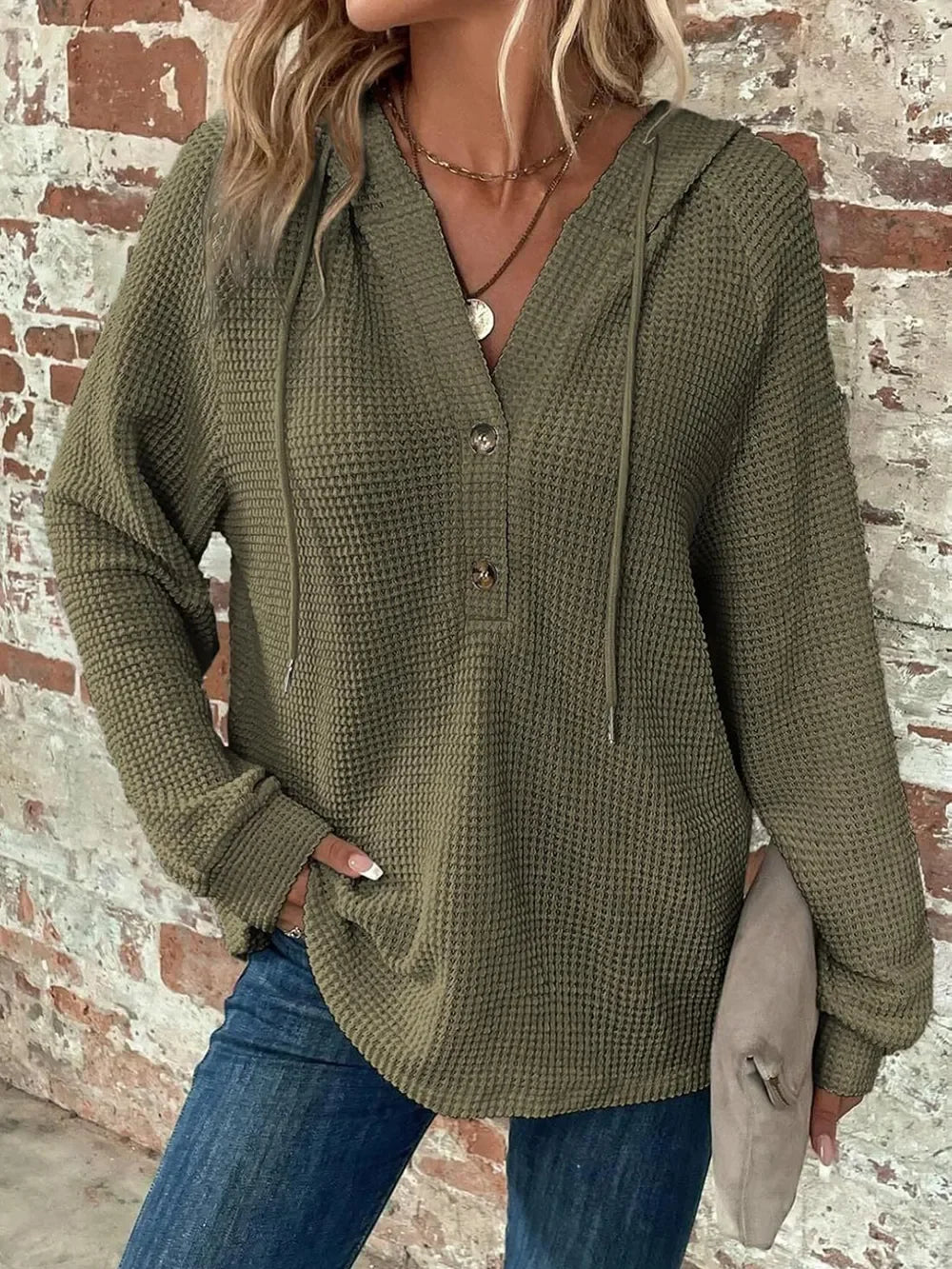 Waffle Knit Long Sleeve Drawstring Hooded Top - Southern Shores Clothing