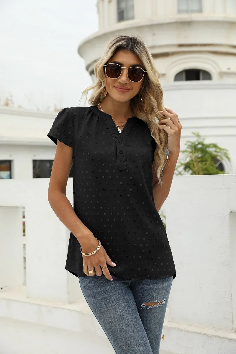 Swiss Dot Notched Neck Short Sleeve Top Casual Wear - Southern Shores Clothing
