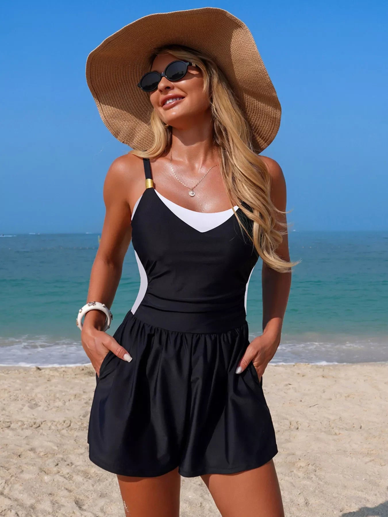 Block Pattern Adjustable Strap One Piece Swimsuit For Summer - Southern Shores Clothing
