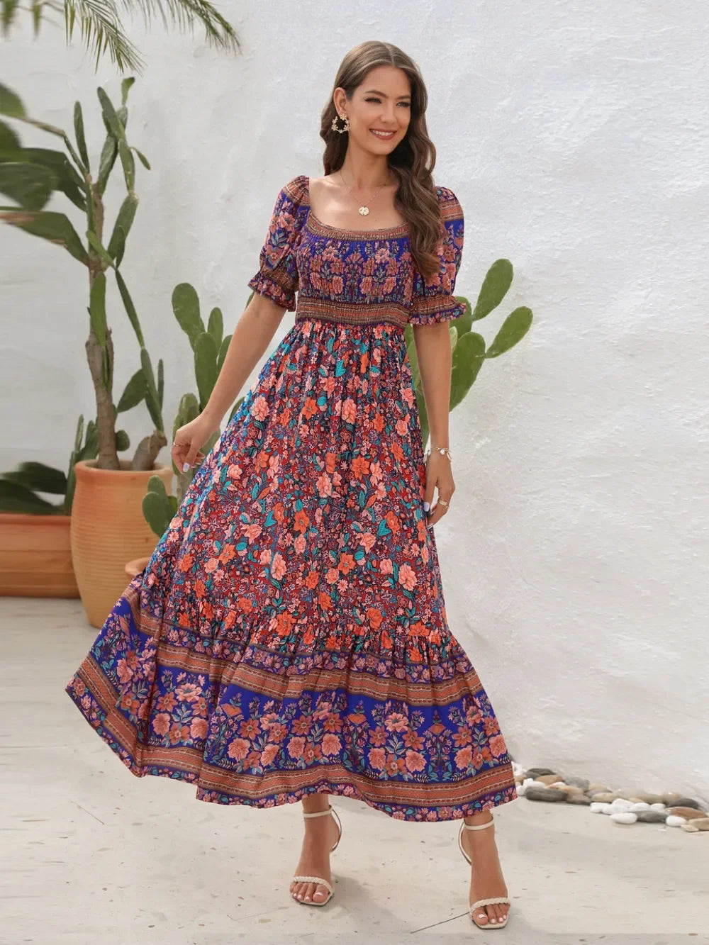 Floral Flounce Sleeve Midi Dress Rayon Off Shoulder Boho - Southern Shores Clothing