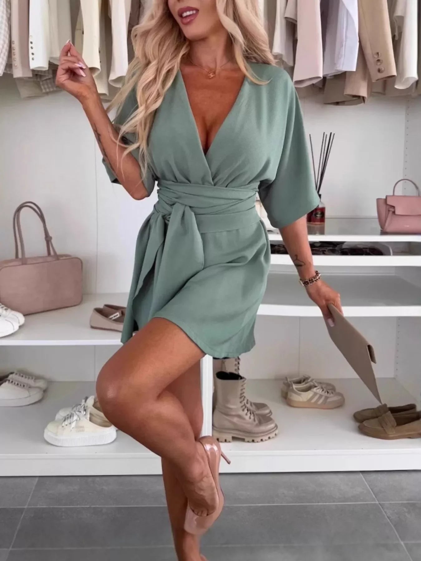 Belted Surplice Tie Waist Stretch Knit Romper - Southern Shores Clothing