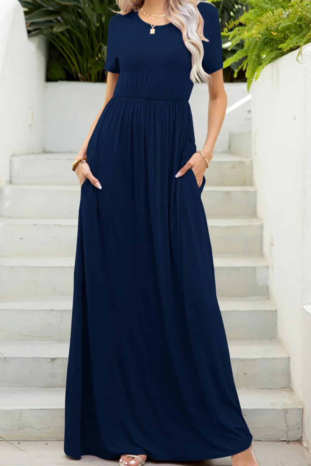 Round Neck Maxi Tee Dress with Pockets - Southern Shores Clothing