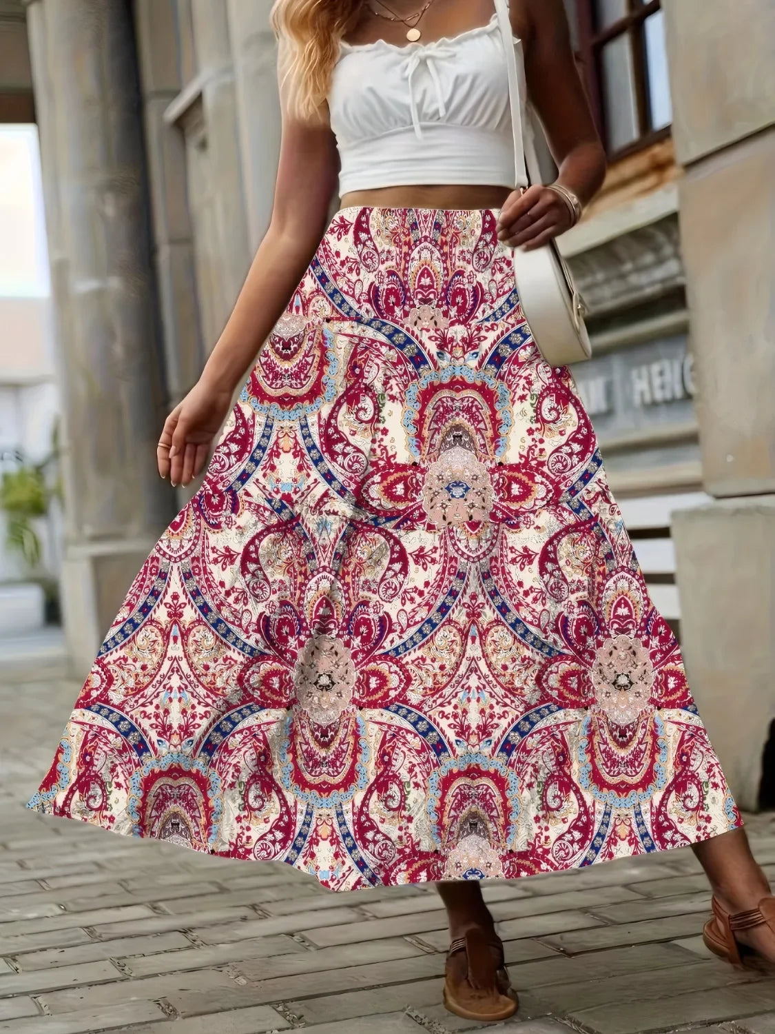 Flowing Smocked Printed High Waist Skirt - Southern Shores Clothing
