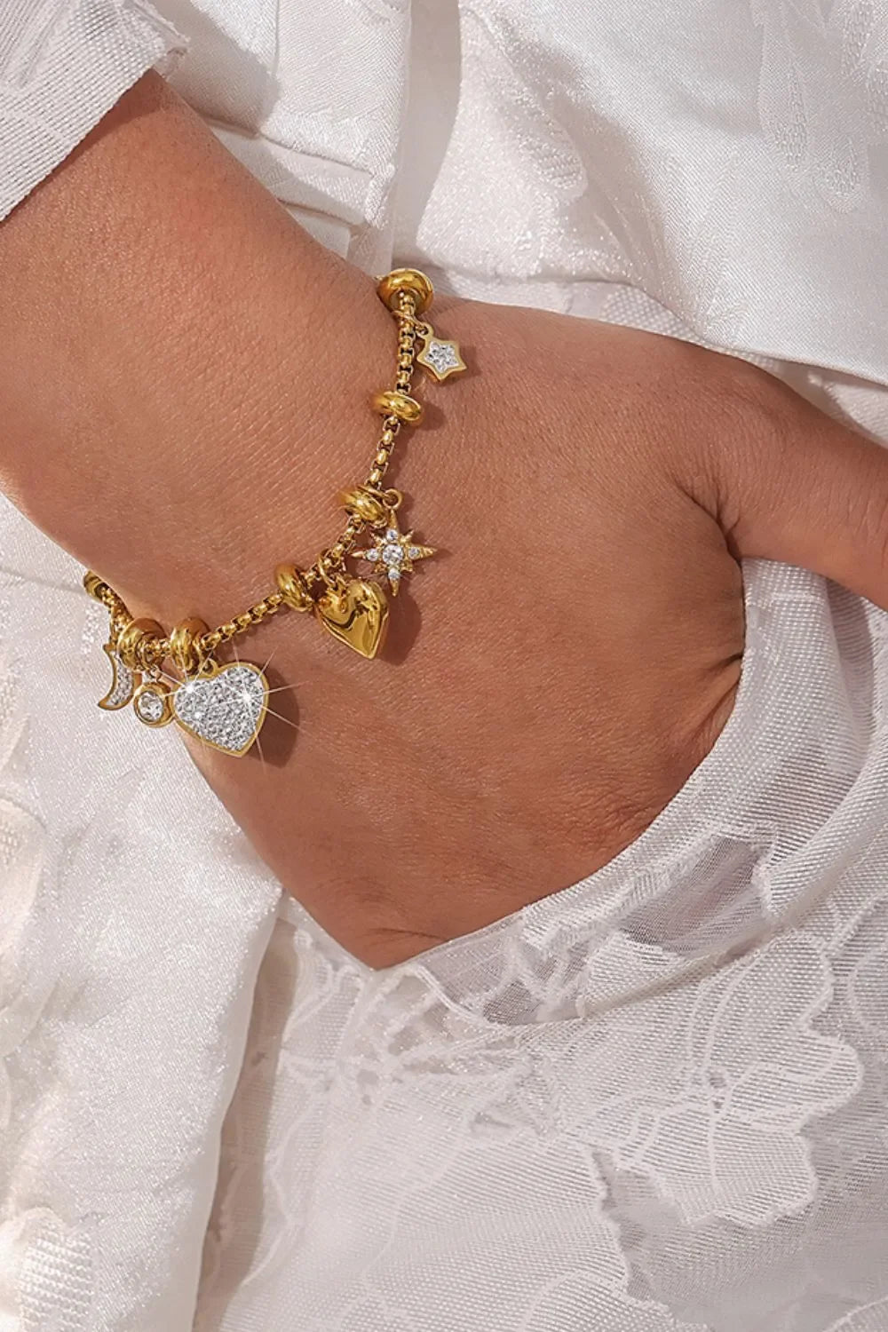 Titanium Steel Zircon Heart Charm Bracelet 18K Gold-Plated - Southern Shores Clothing