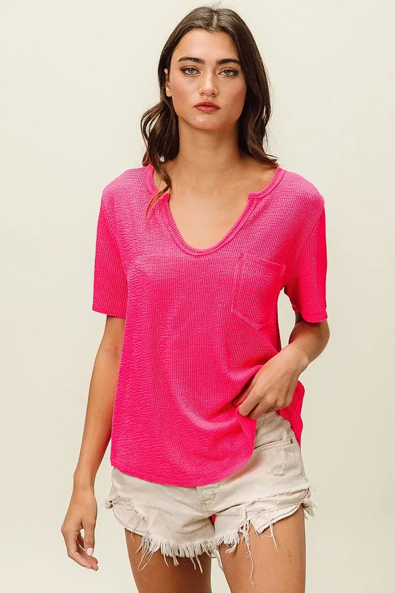 Waved Rib V Neck Top With Front Pocket Relaxed Fit - Southern Shores Clothing
