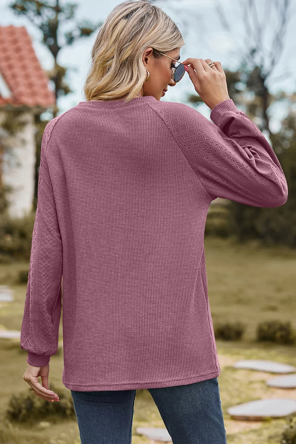 Eyelet Round Neck Long Sleeve T-Shirt - Southern Shores Clothing