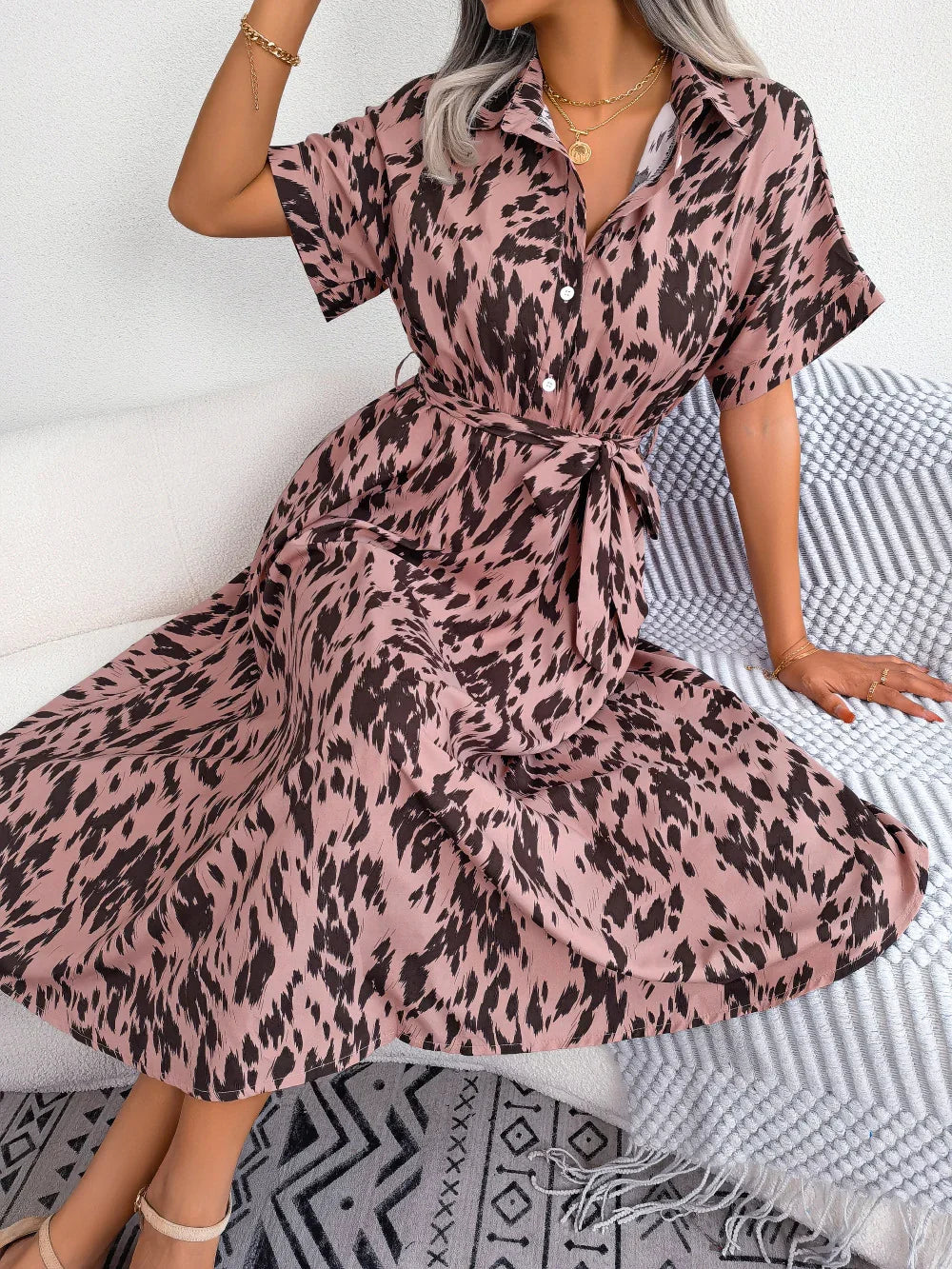 Printed Collared Neck Short Sleeve Tie Waist Dress - Southern Shores Clothing