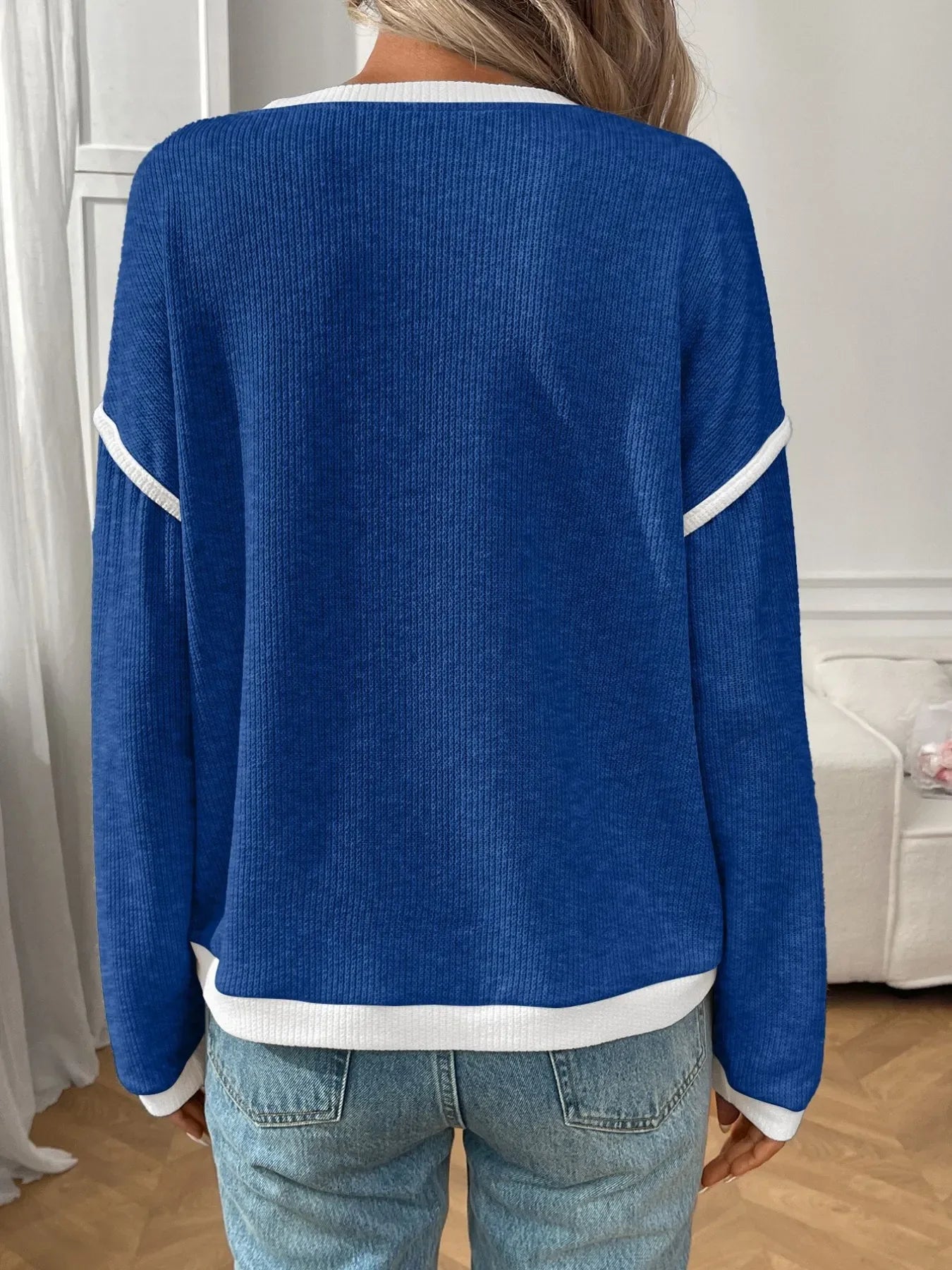 Ribbed Contrast Trim Long Sleeve Top - Southern Shores Clothing