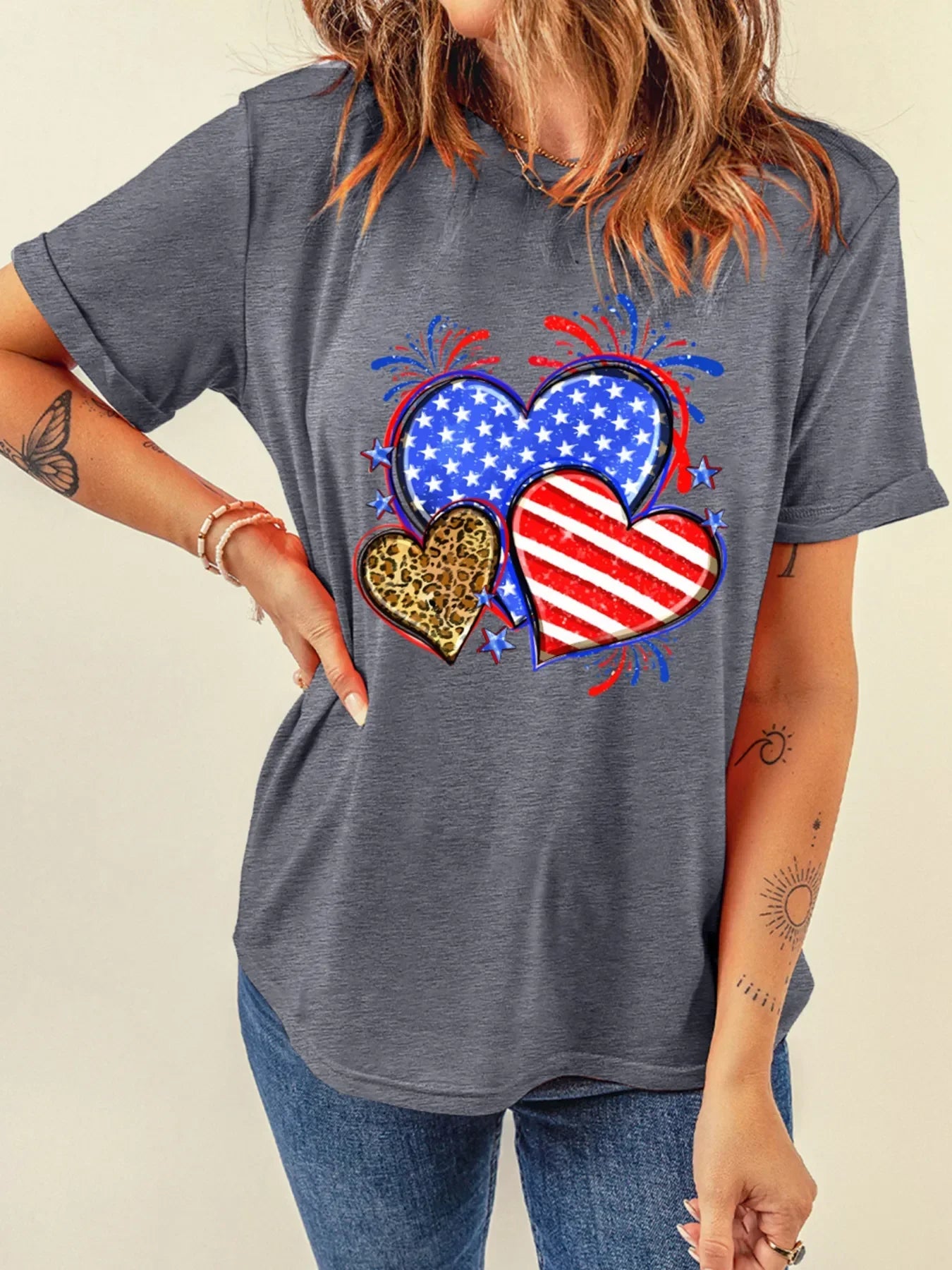 Heart Graphic Round Neck T Shirt Leopard Accent - Southern Shores Clothing
