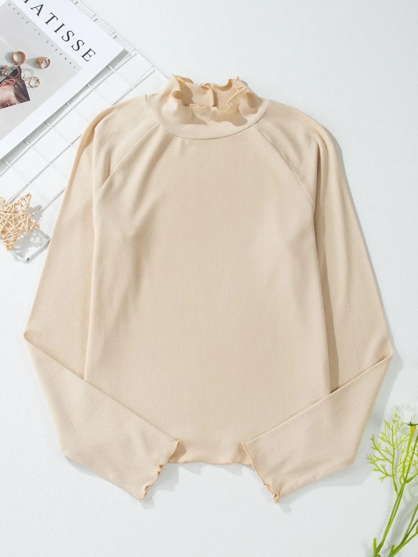 Ribbed Knit Lettuce Trim Mock Neck Long Sleeve Top - Southern Shores Clothing
