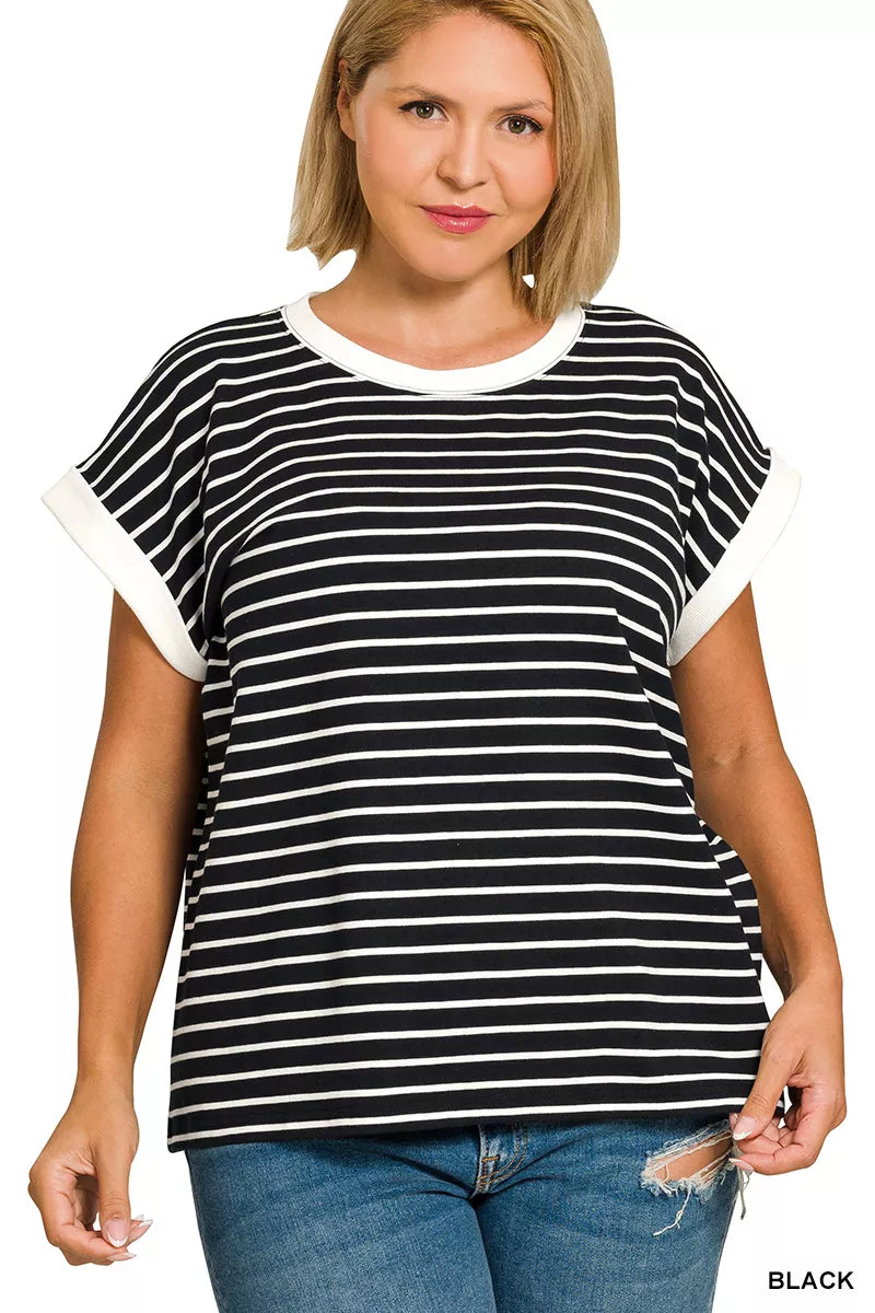 Plus Size Contrast Trim Cap Sleeve Stripe Tee