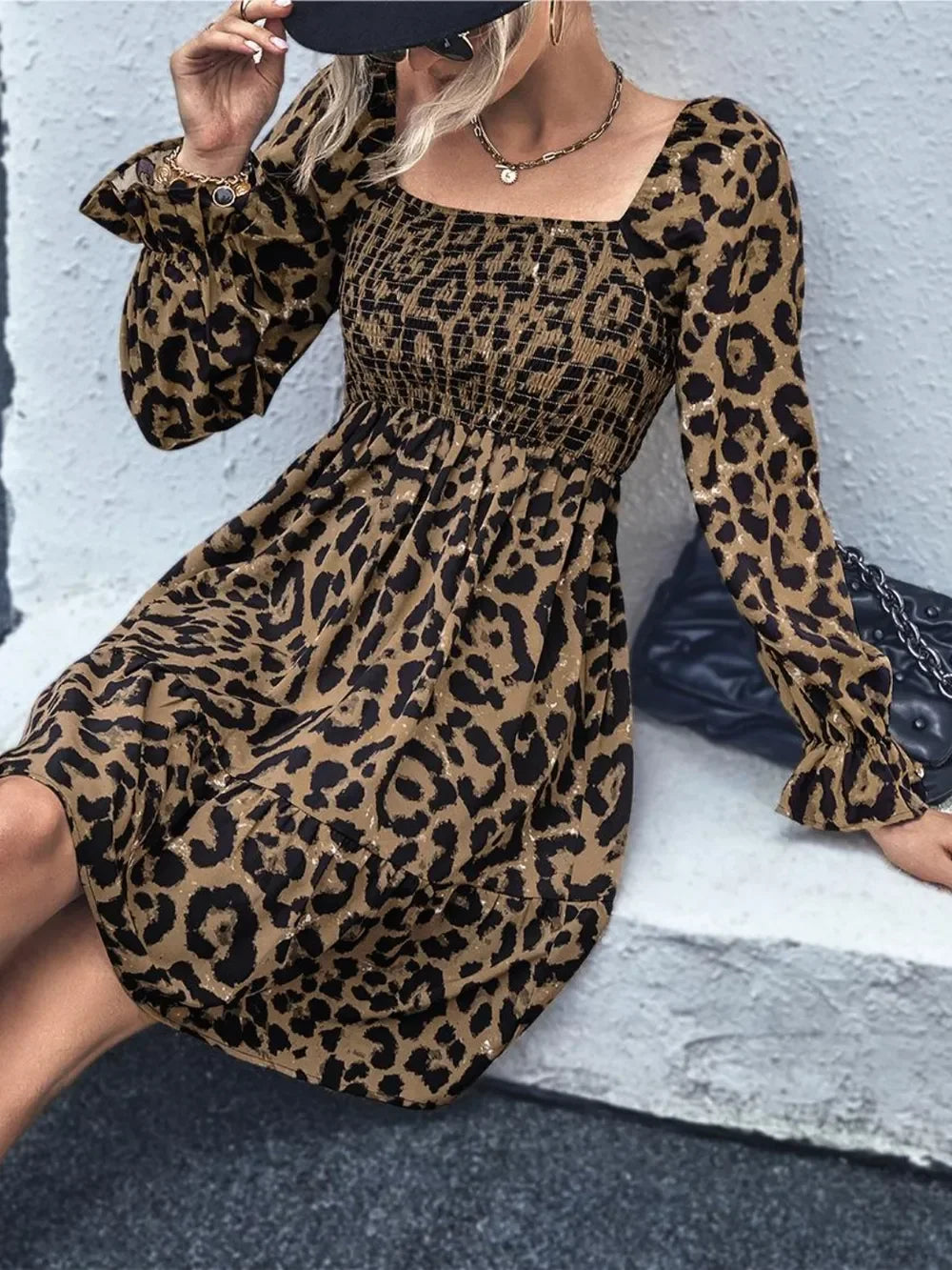 Leopard Smocked Flounce Sleeve Mini Dress - Southern Shores Clothing