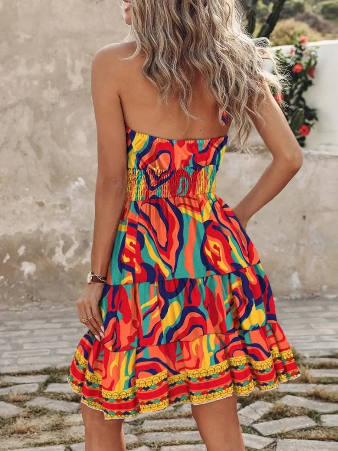 Ruffled Smocked Paisley Print Halter Neck Mini Dress Boho - Southern Shores Clothing