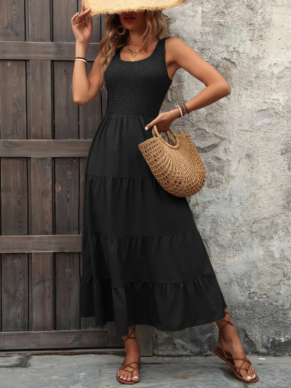 Smocked Scoop Neck Sleeveless Tank Dress - Southern Shores Clothing