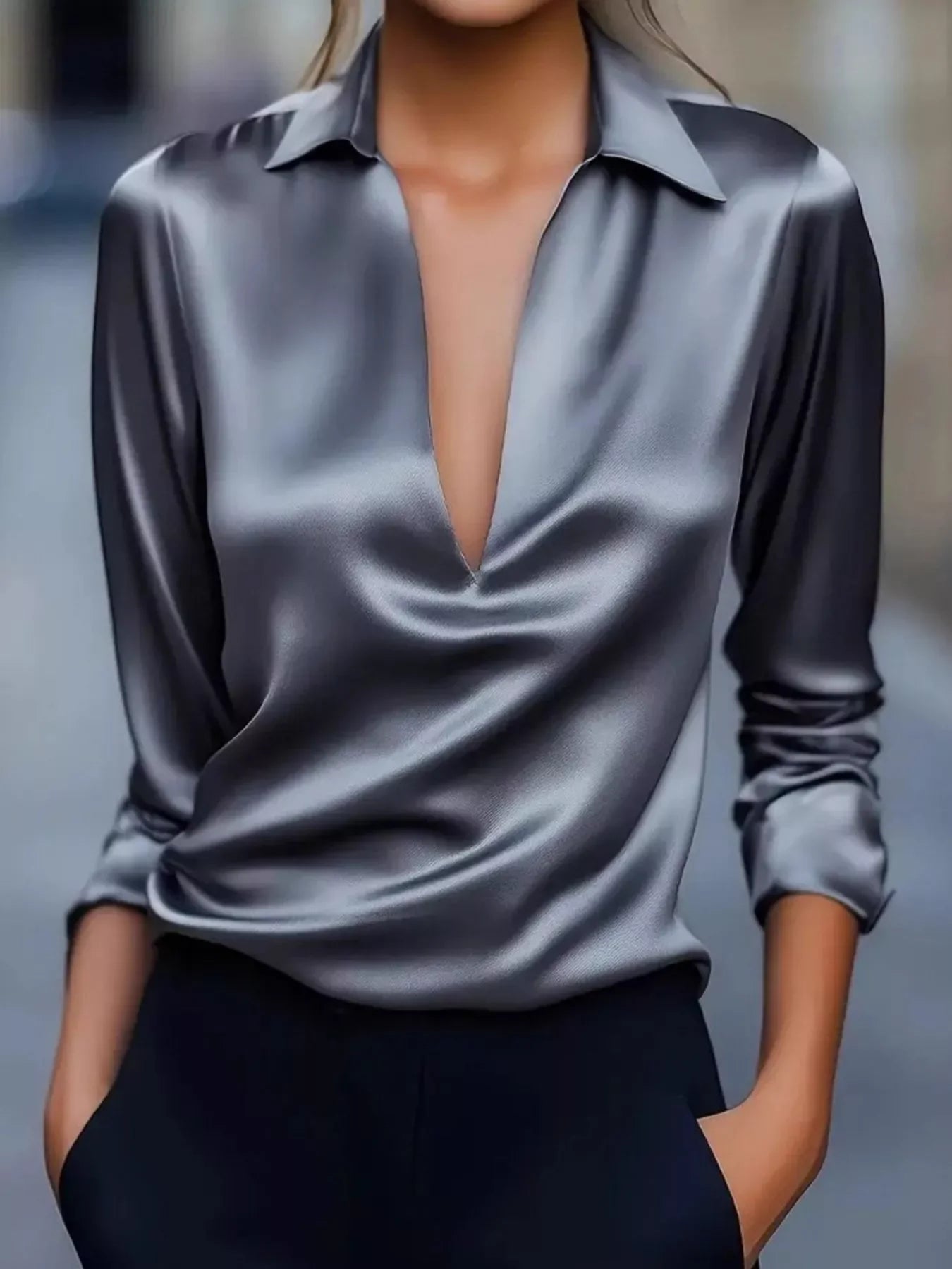 Satin Johnny Collar Long Sleeve Blouse Relaxed Fit - Southern Shores Clothing