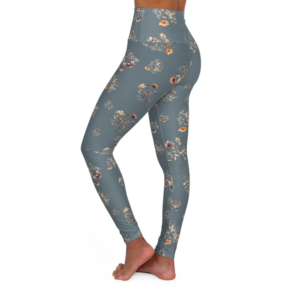 High Waisted Yoga Leggings, Dusty Blue Floral Pattern