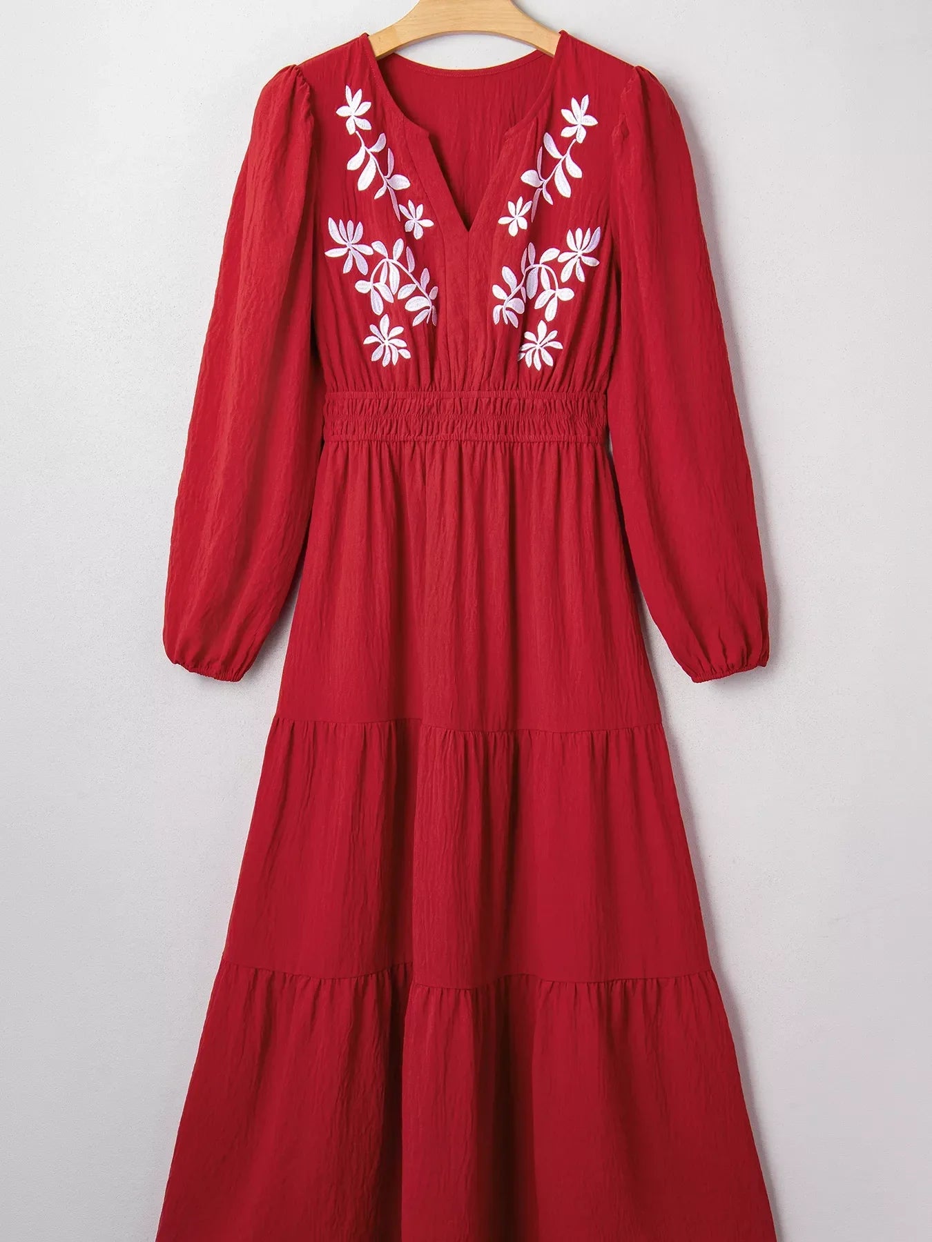 Embroidered Cinched Waist Tiered Long Sleeve Maxi Dress - Southern Shores Clothing