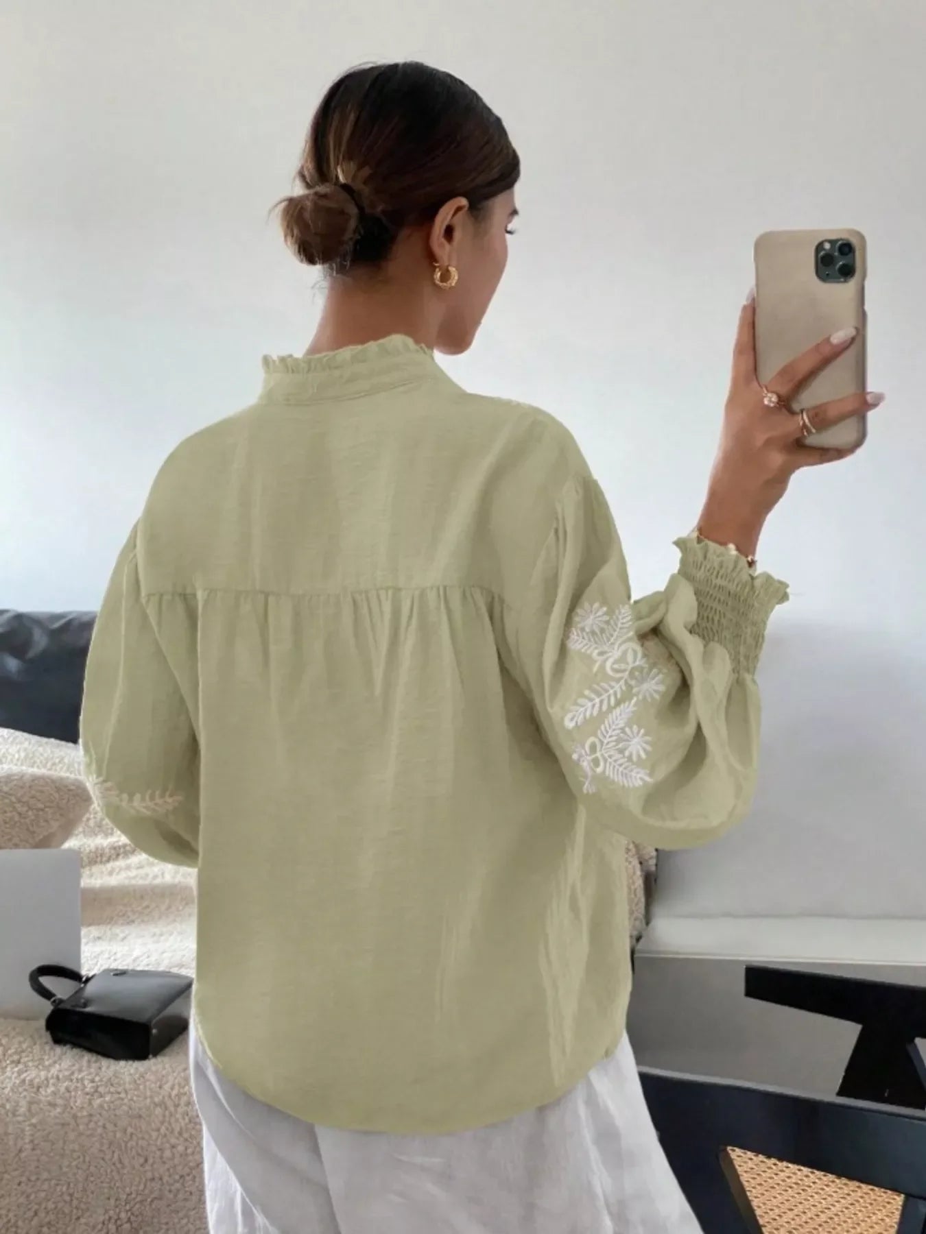 Southern Shores Elegant Embroidered Long Sleeve Buttoned Polyester Blouse With Je T'aime Design - Southern Shores Clothing