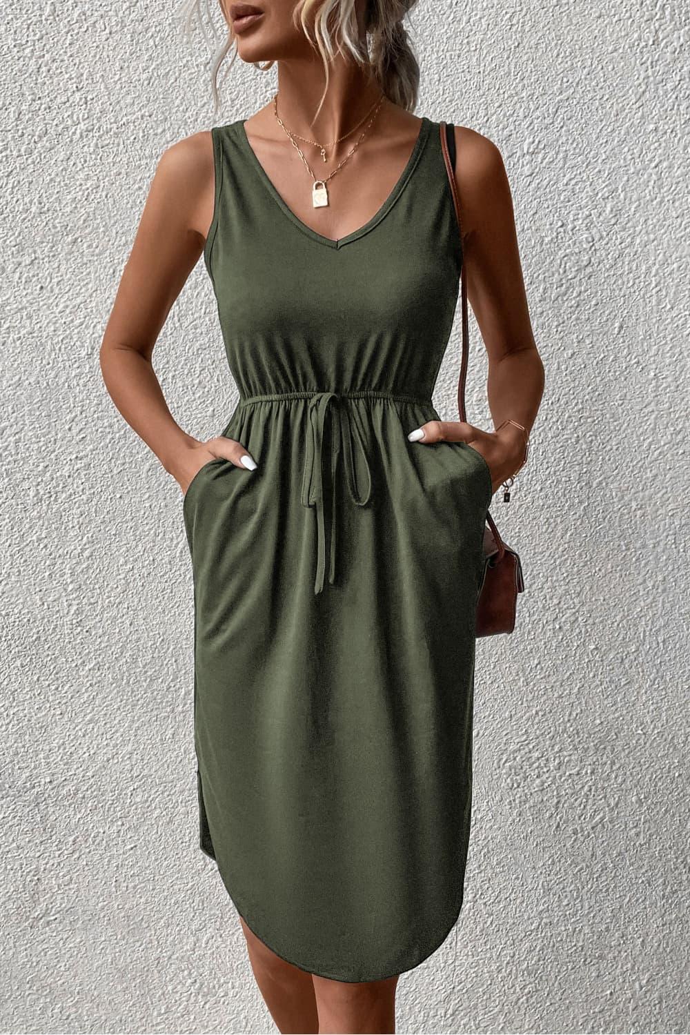 Perfee V-Neck Curved Hem Sleeveless Dress - Southern Shores Clothing