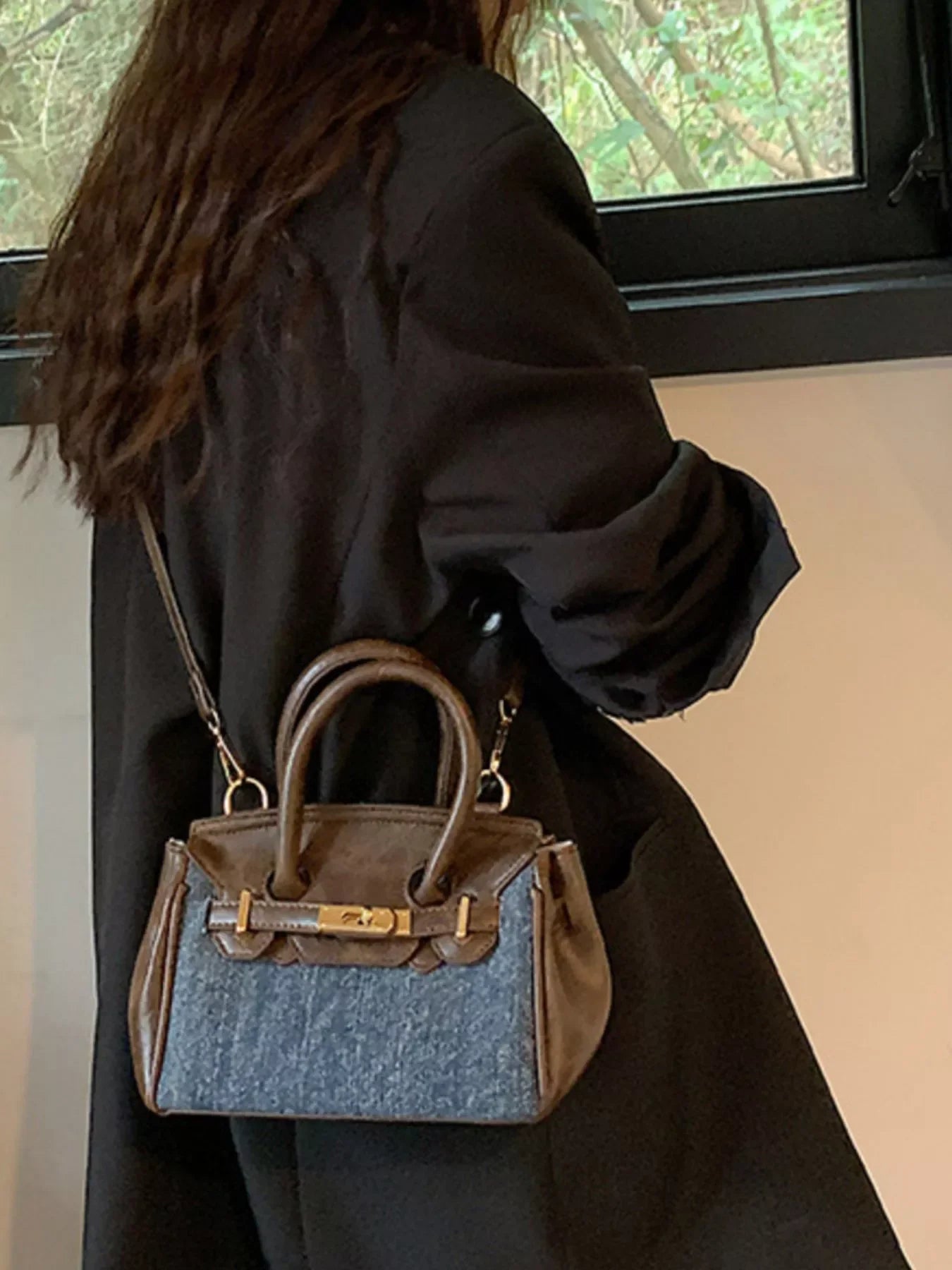 Top Handle Crossbody Bag Denim Accent Details - Southern Shores Clothing
