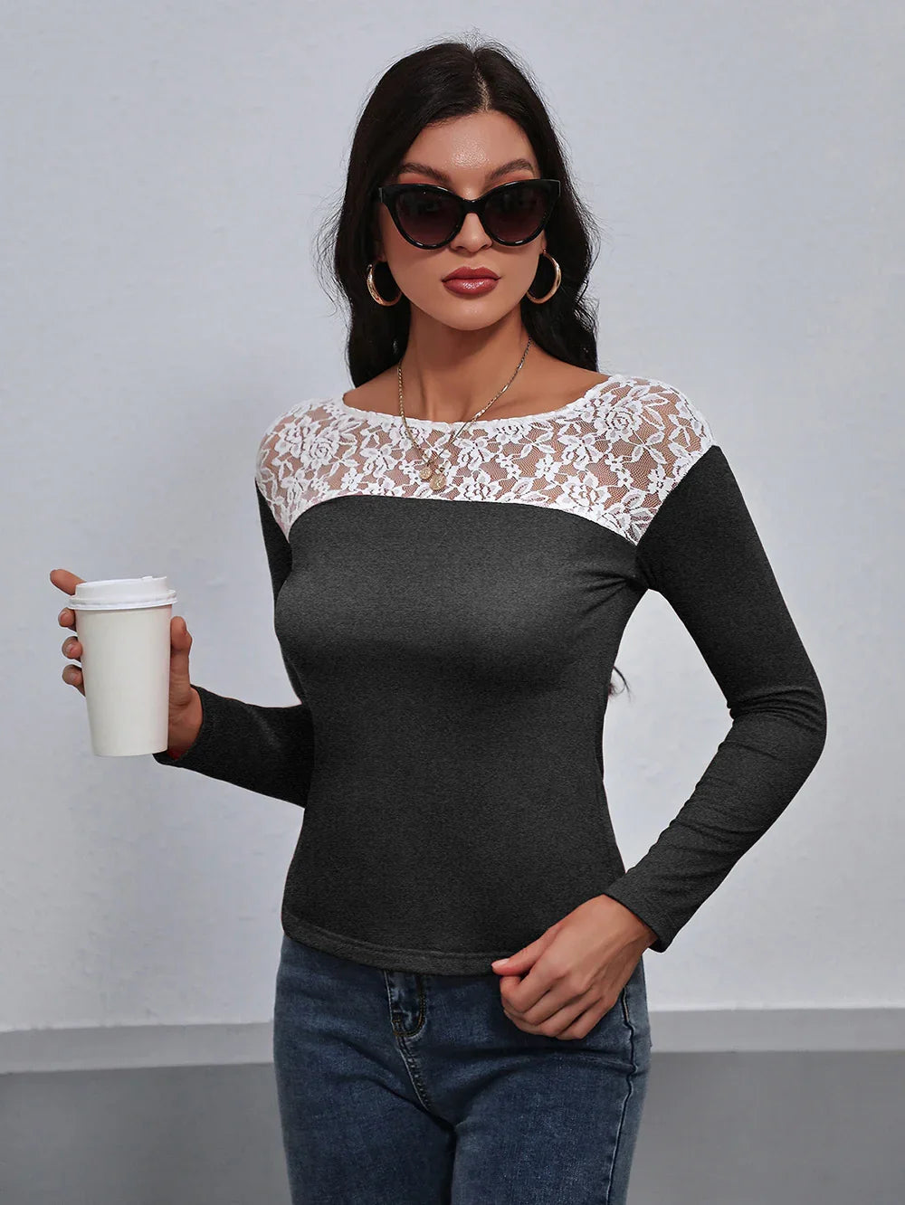 Lace Trim Long Sleeve Round Neck Tee For Casual Wear - Southern Shores Clothing