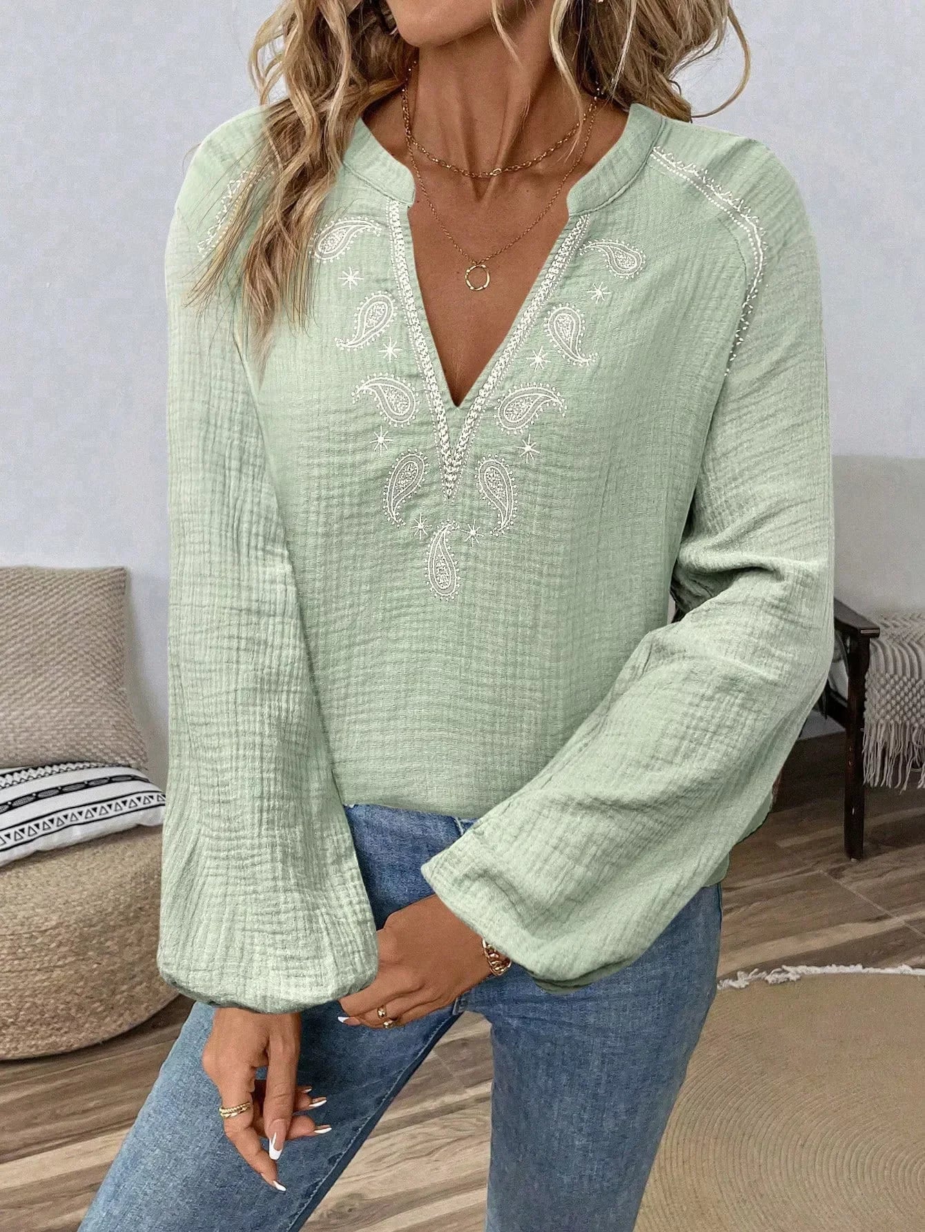 Paisley Notched Balloon Sleeve Cotton Blouse - Southern Shores Clothing