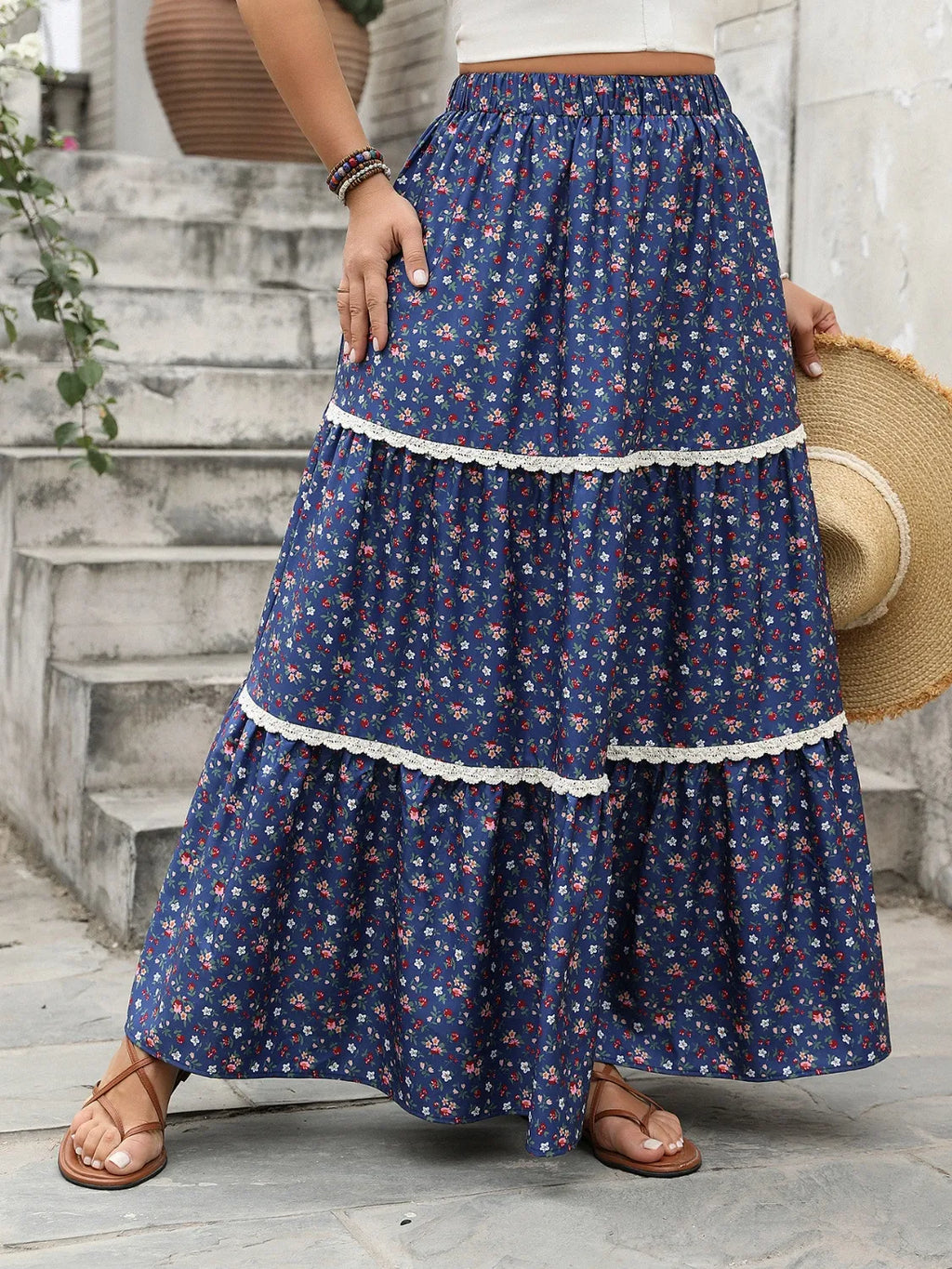 Coastal Inspired Plus Size Floral Elastic Waist Maxi Skirt