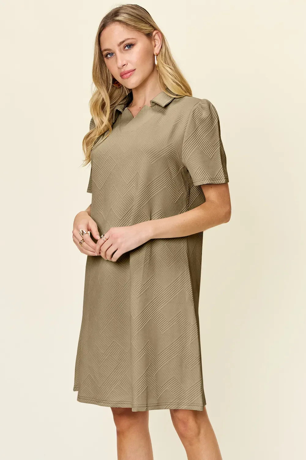 Textured Collared Neck Short Sleeve Dress - Southern Shores Clothing