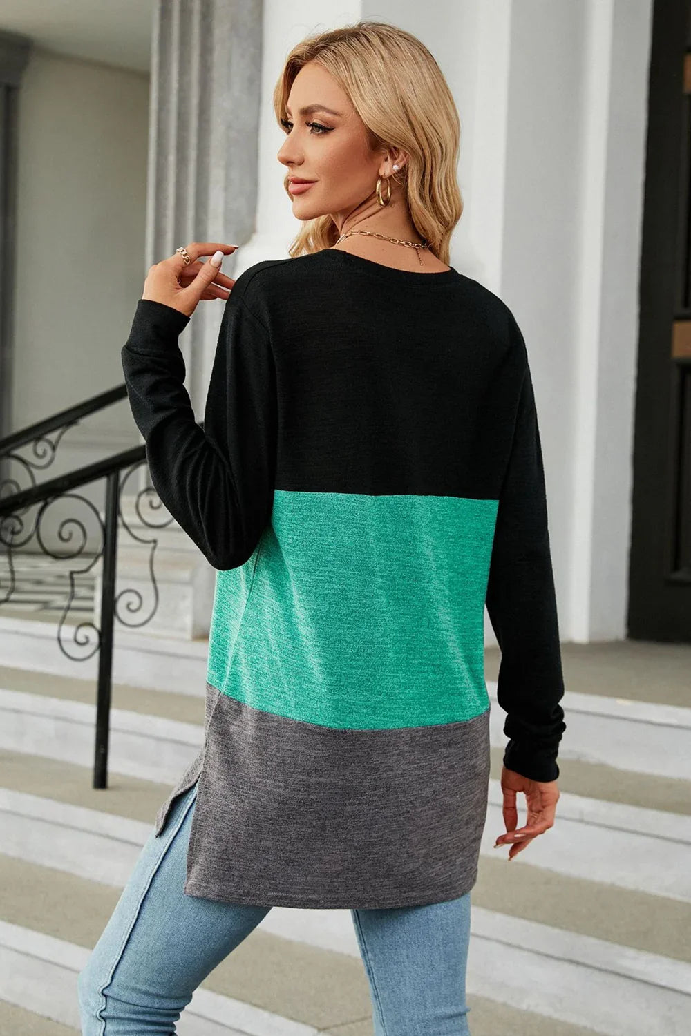 Block Pattern Round Neck Long Sleeve Slit T Shirt - Southern Shores Clothing