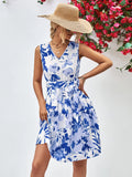 Floral V-Neck Tie Waist Sleeveless Dress - Southern Shores Clothing
