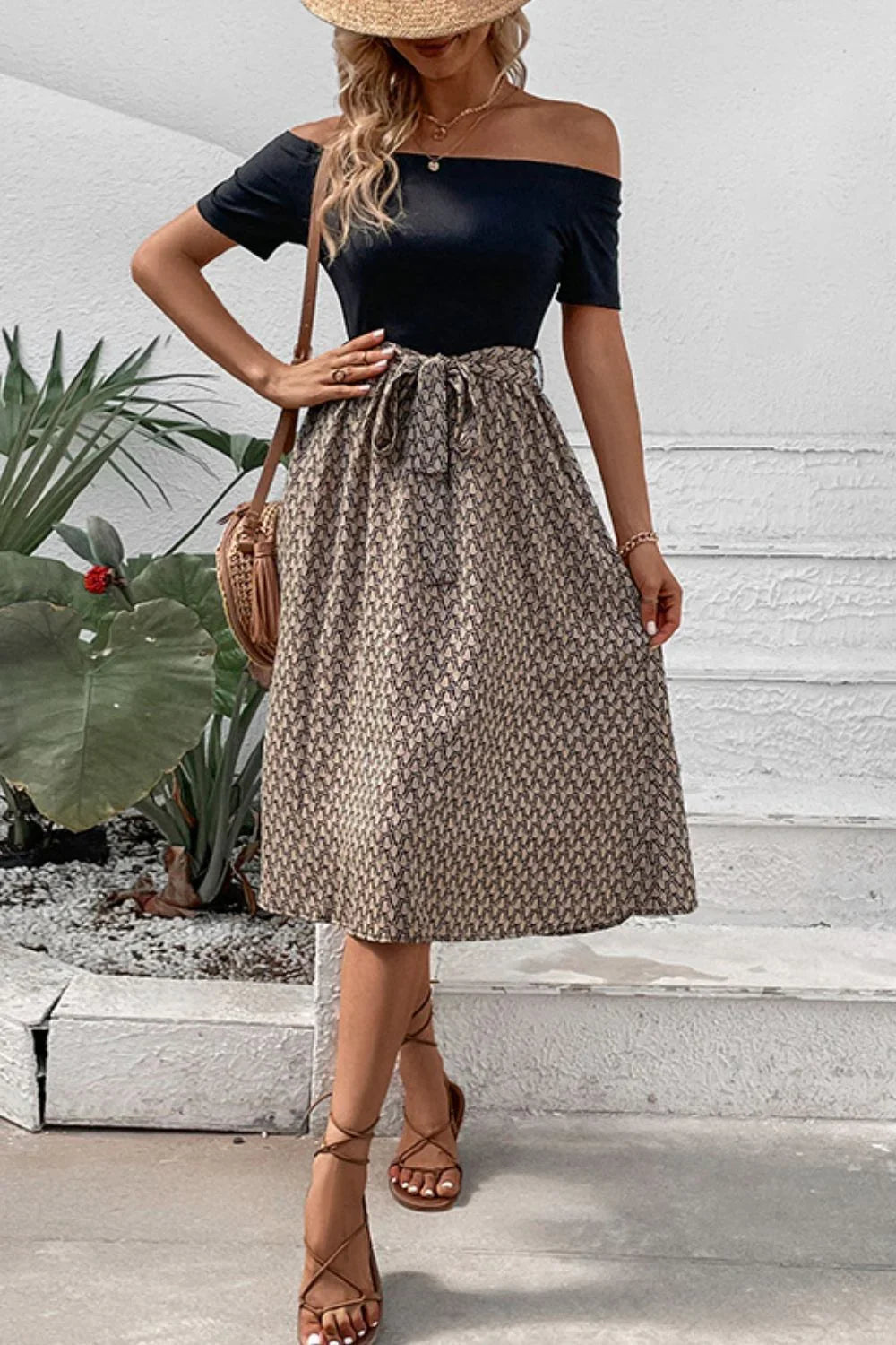 Perfee Printed Tie Belt Off-Shoulder Dress - Southern Shores Clothing