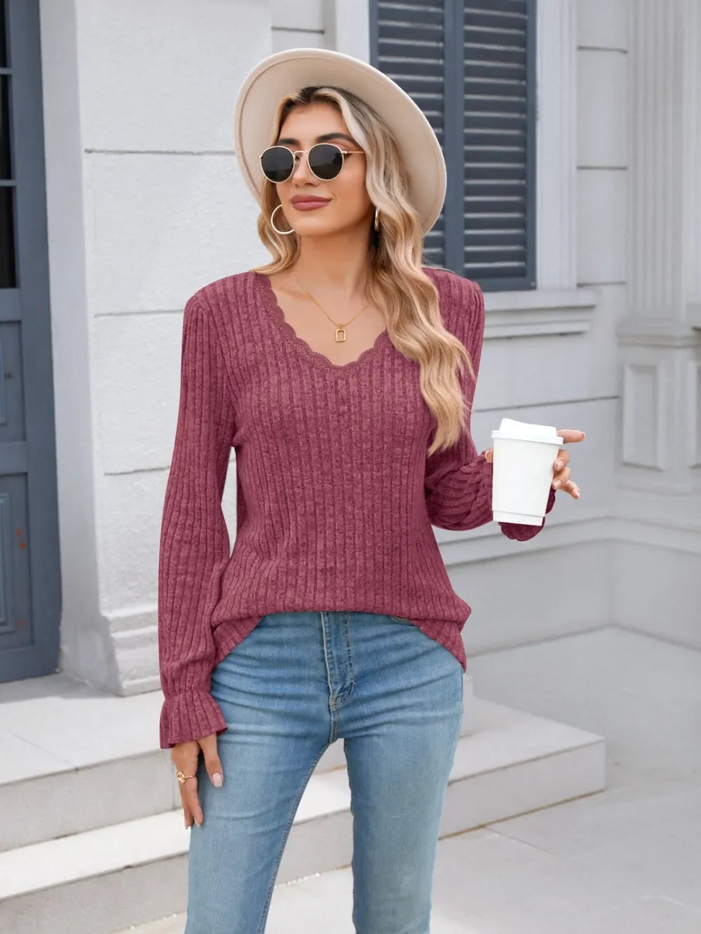Lace Detail V-Neck Long Sleeve T-Shirt - Southern Shores Clothing