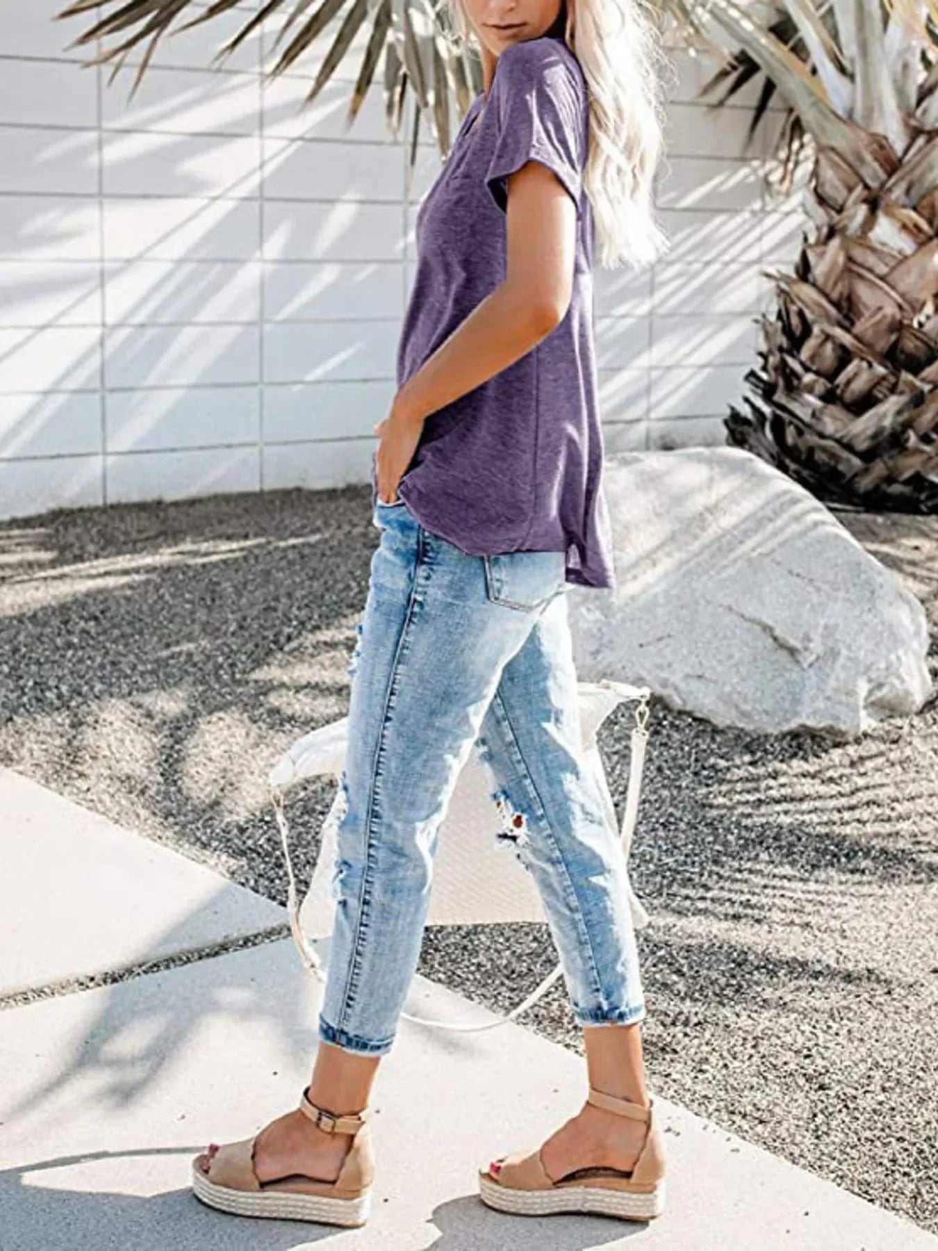 Plus Size Notched Short Sleeve T Shirt With Button Detail - Southern Shores Clothing