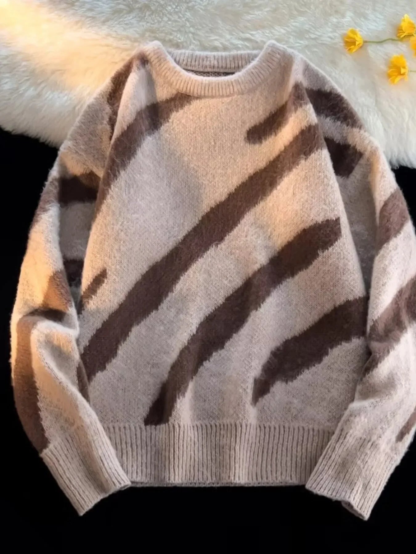 Relaxed Striped Fuzzy Oversized Knit Pullover