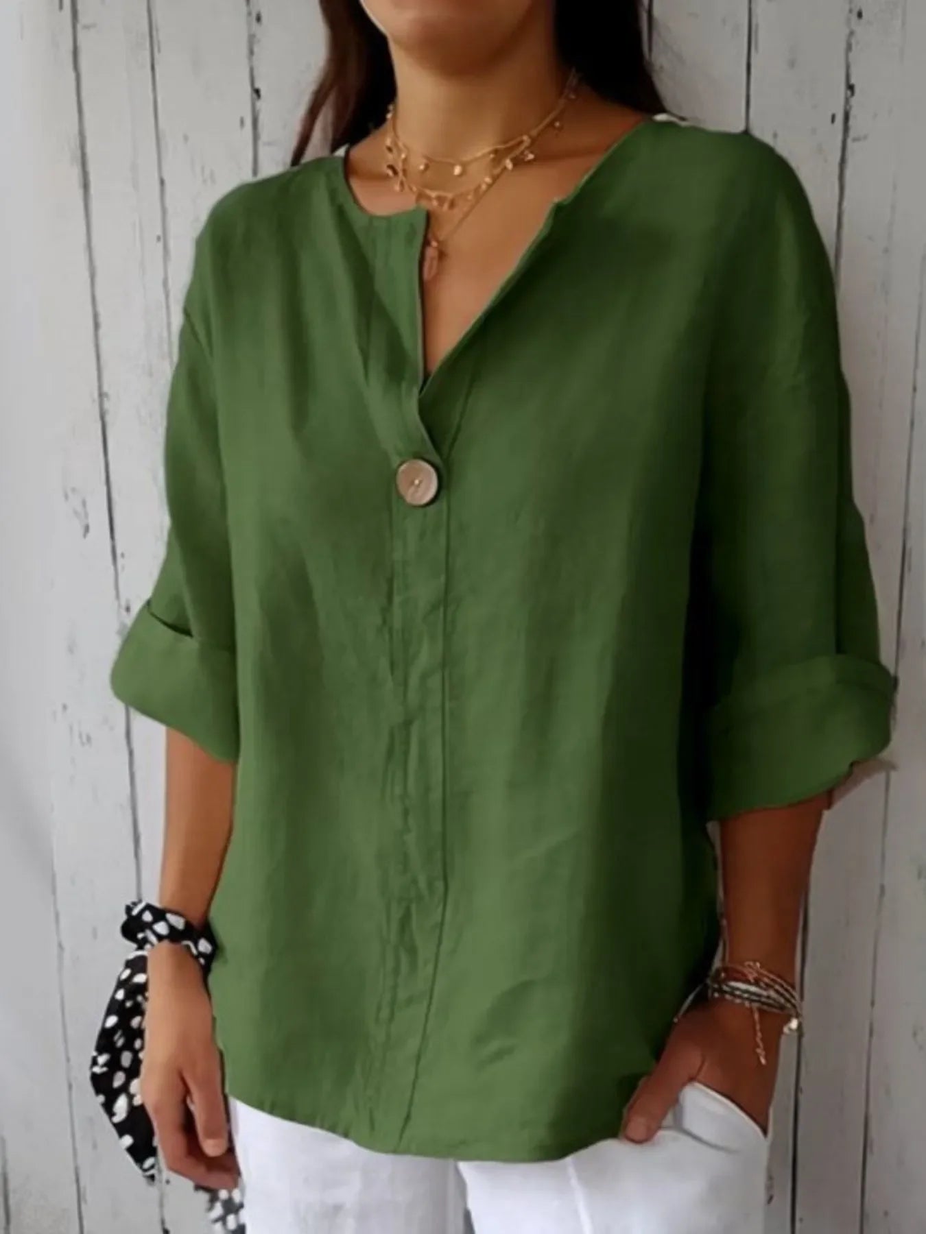 Plus Size Linen Blend Notched Blouse With Button Front - Southern Shores Clothing