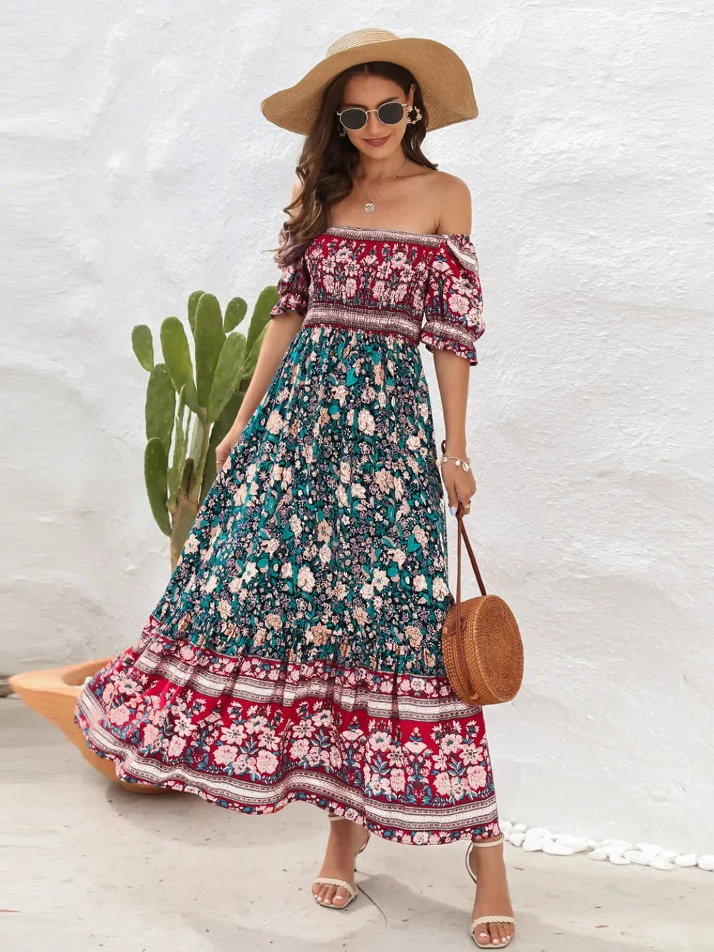 Floral Flounce Sleeve Midi Dress Rayon Off Shoulder Boho - Southern Shores Clothing