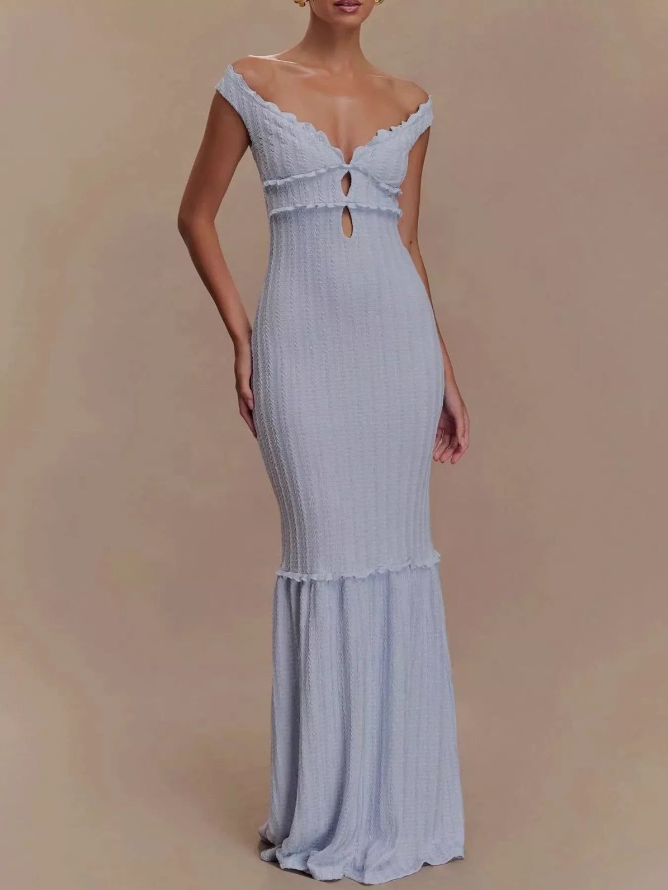 Frill Off Shoulder Knit Maxi Mermaid Dress