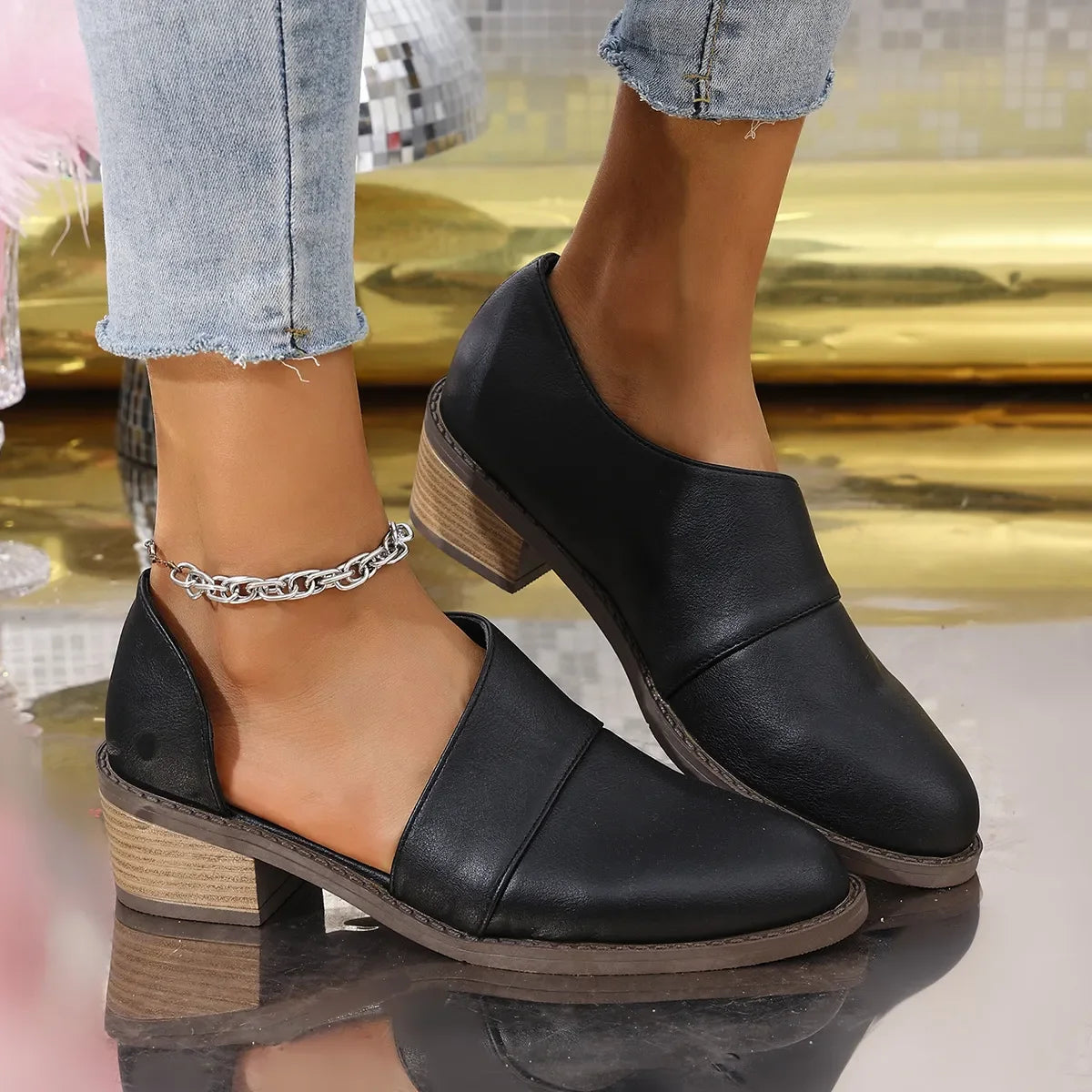 Point Toe Block Heel Pumps With Chain Detail - Southern Shores Clothing
