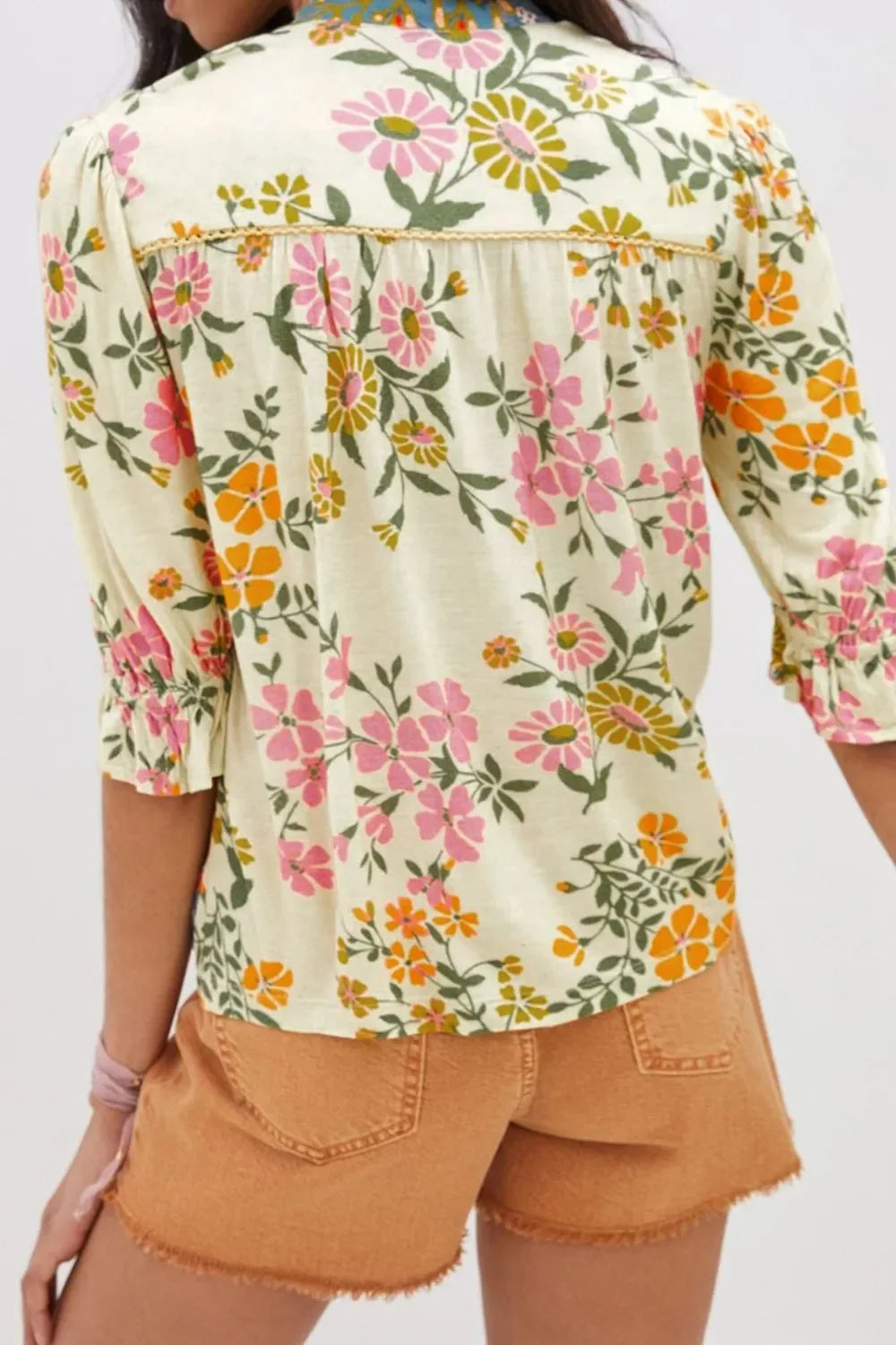 Crochet V Neck Boho Floral Blouse With Half Sleeve Casual - Southern Shores Clothing