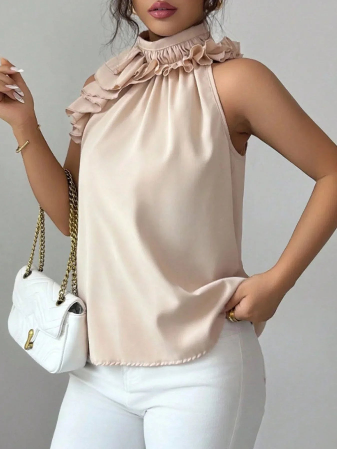 Ruffled High Neck Sleeveless Top With Draped Silhouette Detail - Southern Shores Clothing