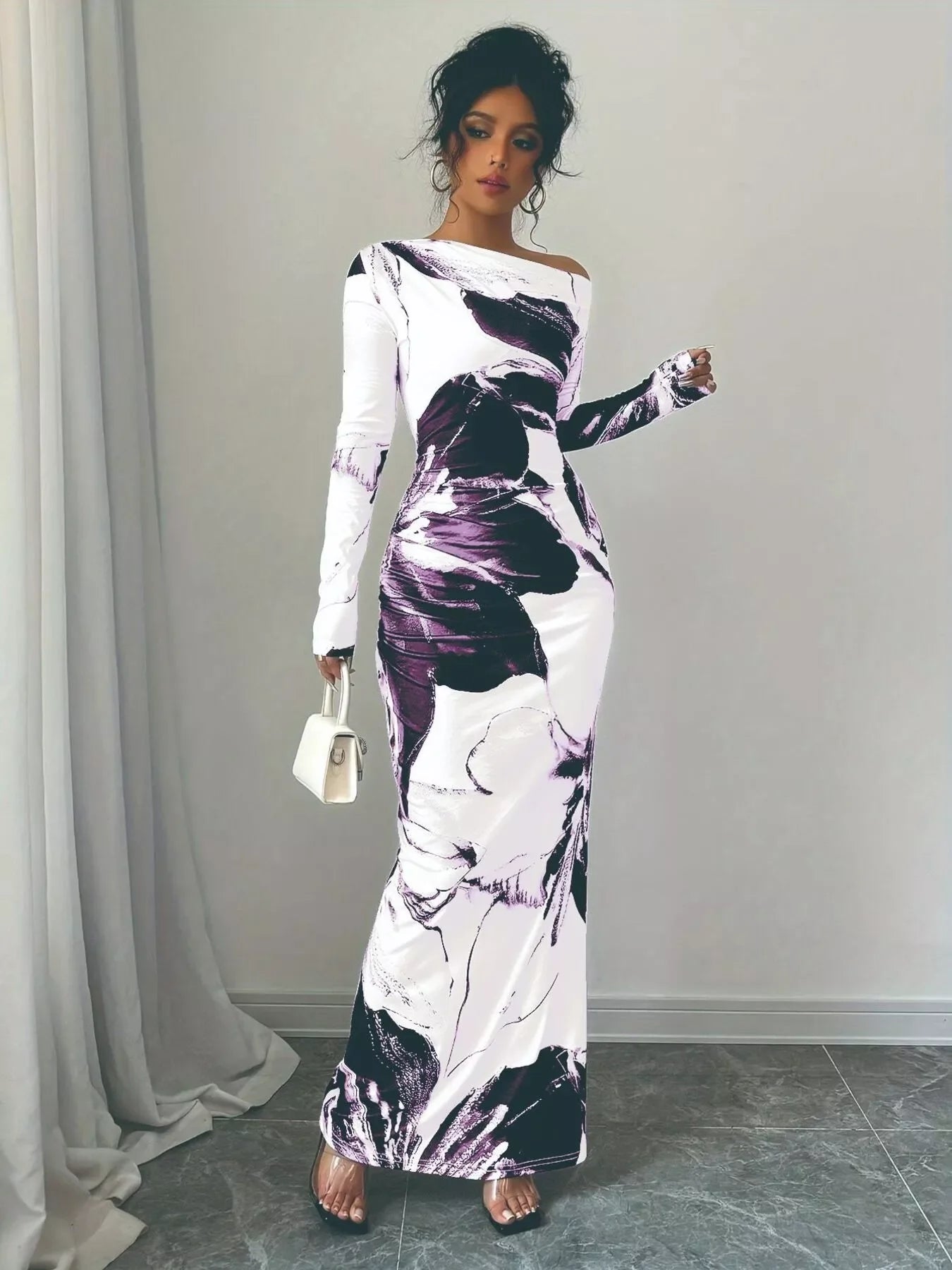 Floral One Shoulder Long Sleeve Maxi Dress - Southern Shores Clothing