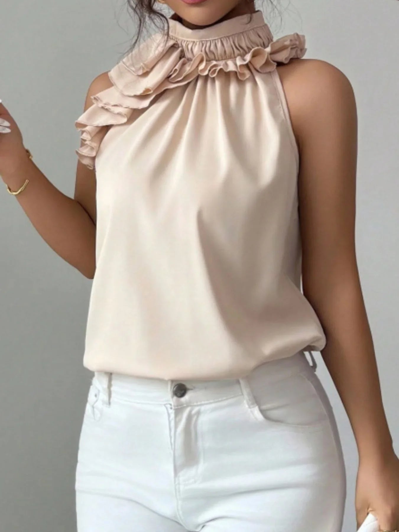 Ruffled High Neck Sleeveless Top With Draped Silhouette Detail - Southern Shores Clothing